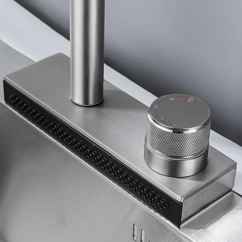 Кухненски смесител Conor Brush Nickel - сатенен PVD, едноръкохватков с термостат и изтеглящ накрайник, онлайн магазин KERANOVA