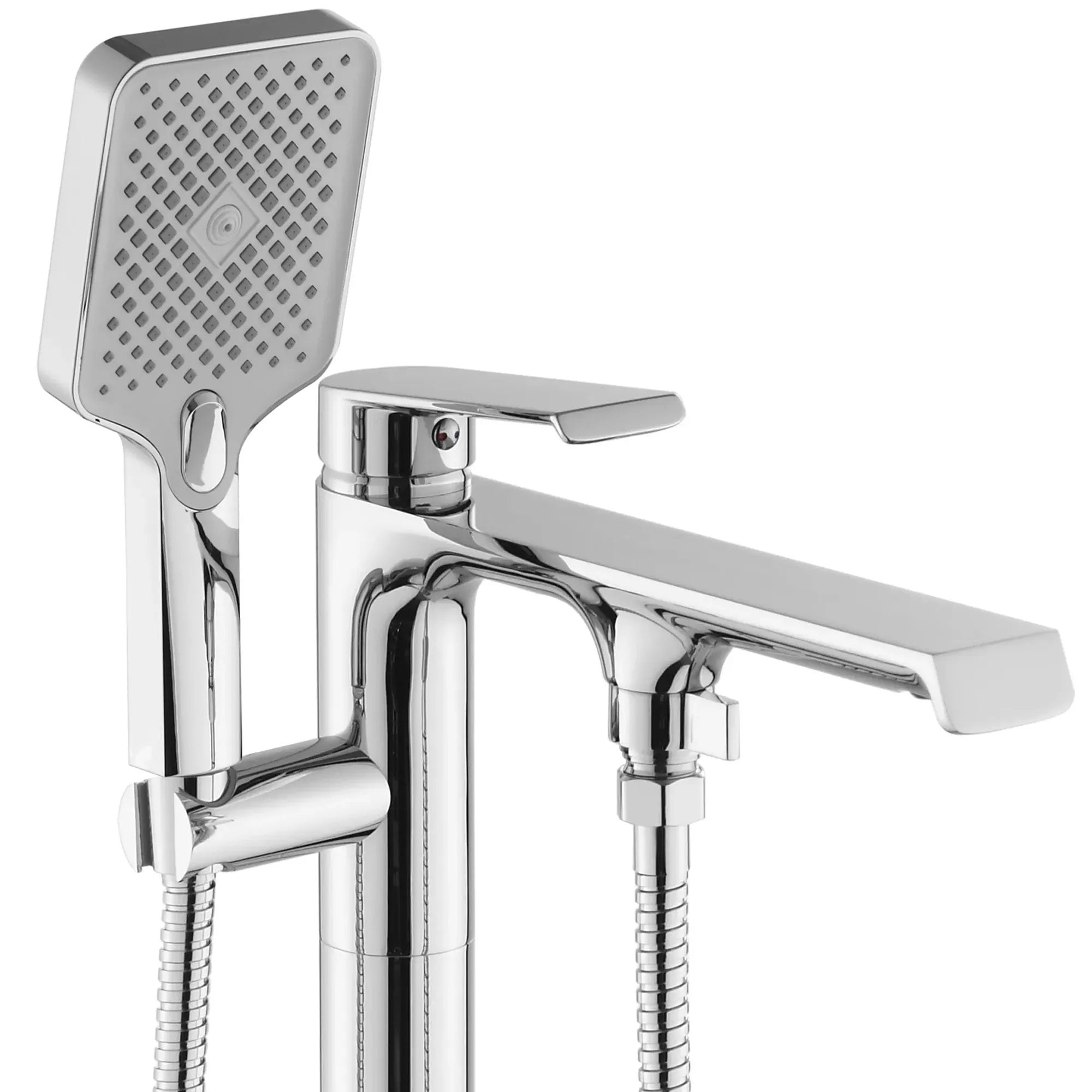 Свободностоящ смесител за вана REA Hass Chrome - хромиран стоящ смесител с ръчен душ и шлаух, онлайн магазин за обзавеждане за бани KERANOVA