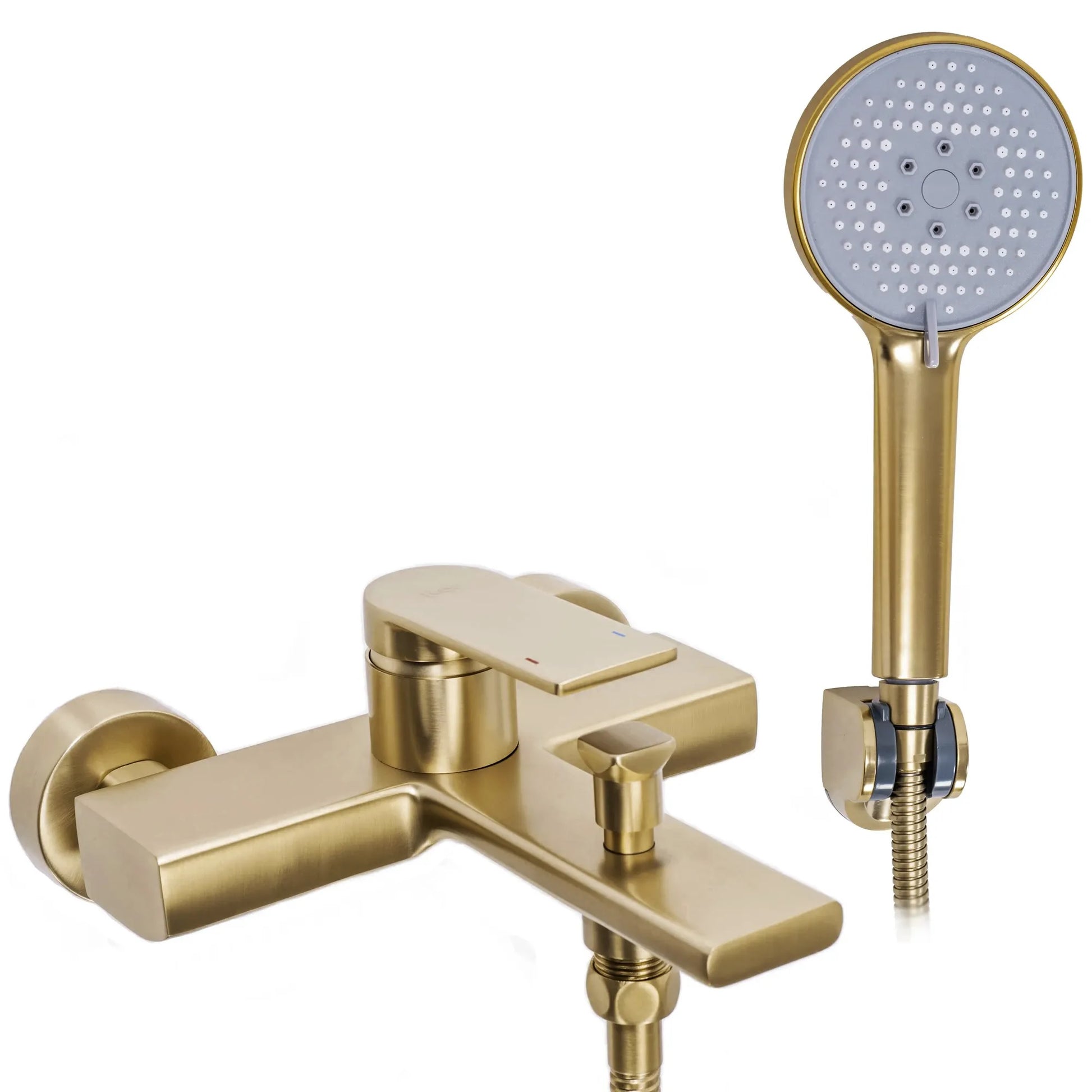 Стенен смесител за вана и душ Verso Brushed Gold златен мат PVD с ръчен душ, 150 см шлаух - онлайн магазин за обзавеждане за бани KERANOVA