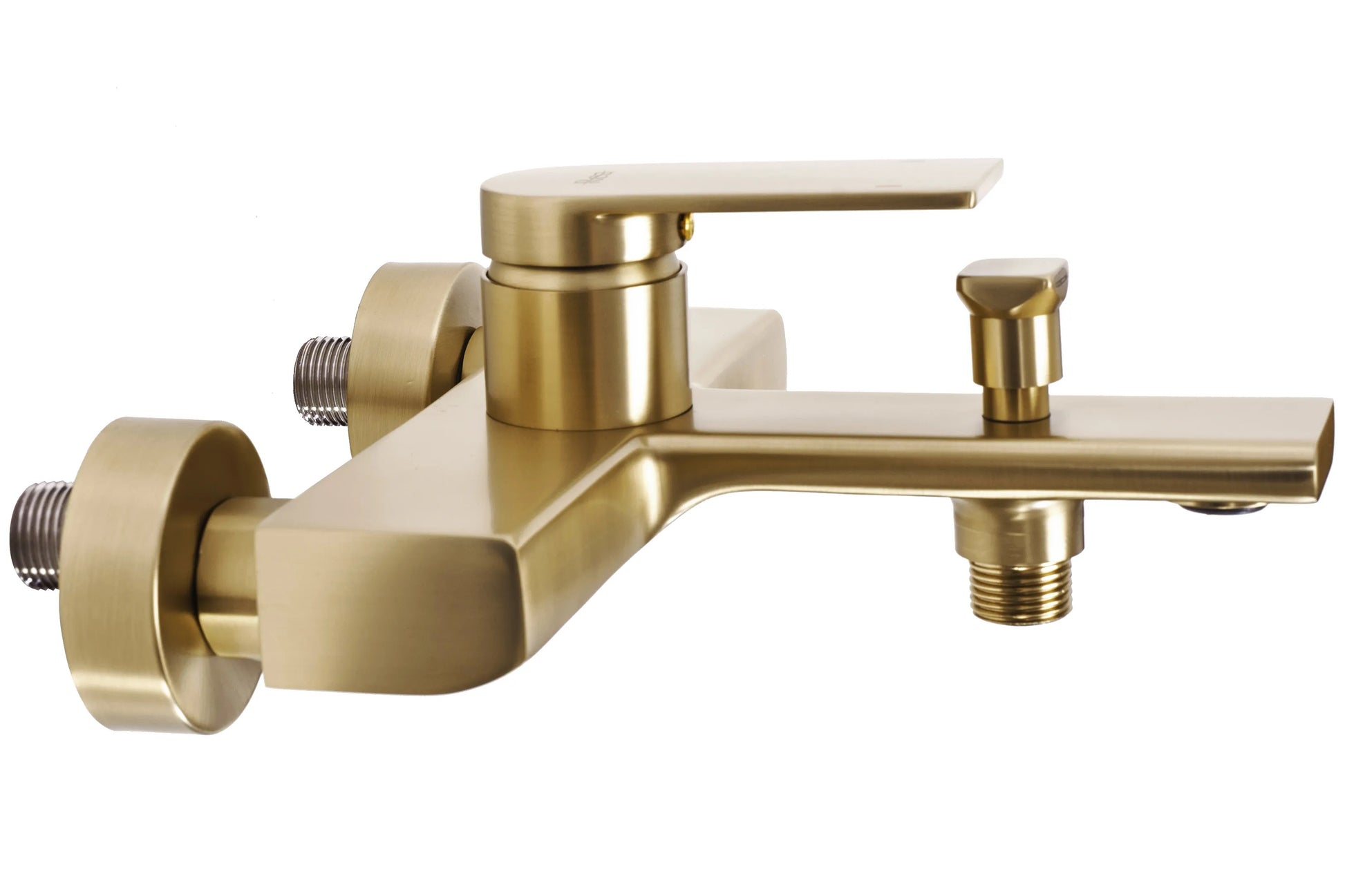 Стенен смесител за вана и душ Verso Brushed Gold златен мат PVD, комплект с чучур, кран и поставка за ръчен душ – онлайн магазин KERANOVA