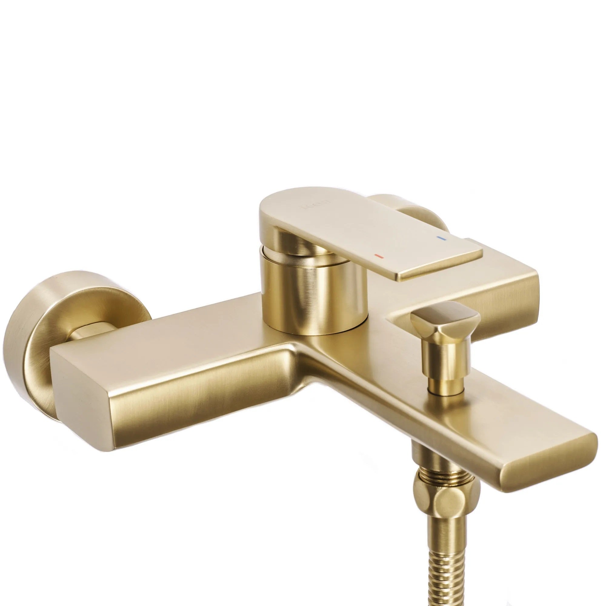 Стенен смесител за вана и душ Verso Brushed Gold златен мат PVD, стенен смесител с чучур и ръчен душ за онлайн магазин KERANOVA