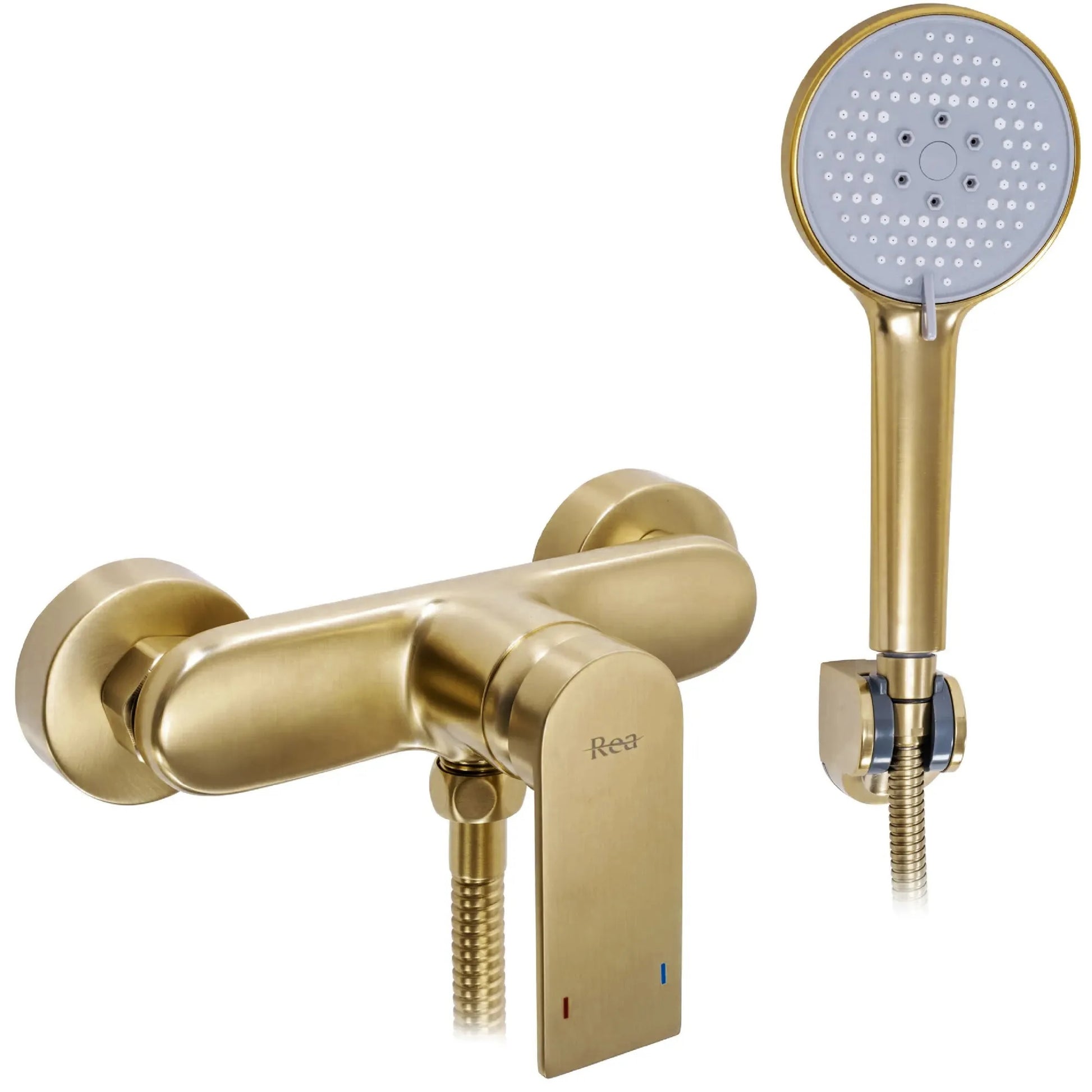 Стенен смесител за душ Verso Brushed Gold златен мат PVD, ръчен душ и шлаух, онлайн магазин KERANOVA