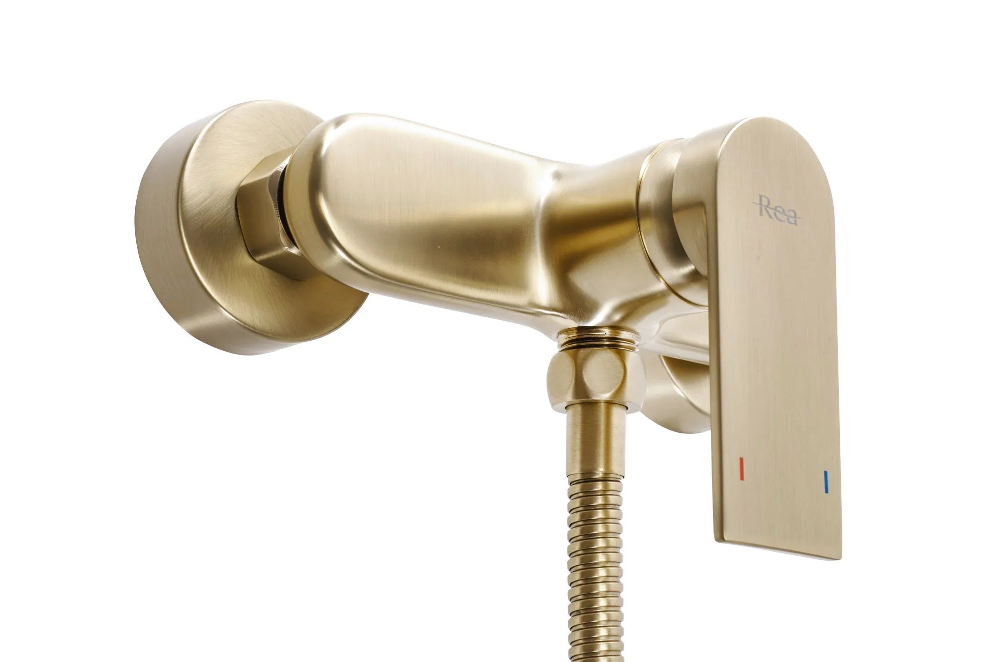 Стенен смесител за душ Verso Brushed Gold златен мат PVD, с ръчен душ и 150 см шлаух - онлайн магазин KERANOVA