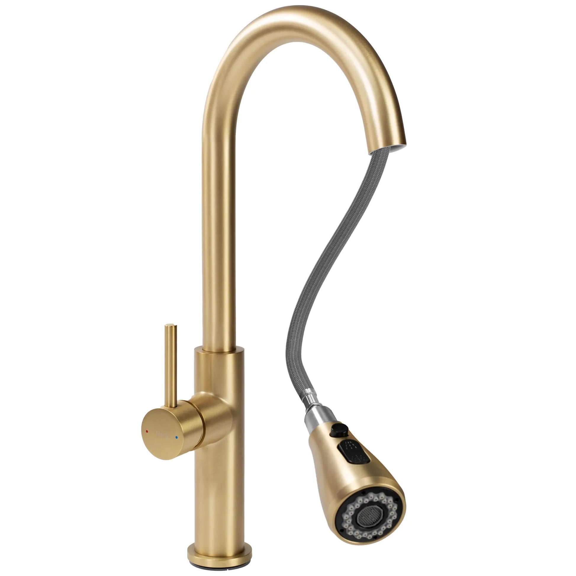 Кухненски смесител Nest Gold Brush - едноръкохватков смесител злато PVD с изтеглящ накрайник, двуфункционален, гаранция 5 г. - KERANOVA