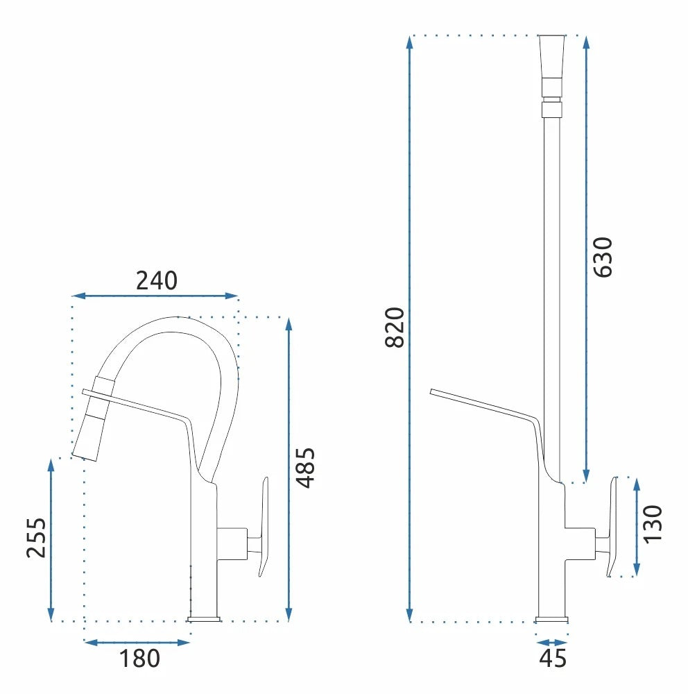 Кухненски смесител Castor Gold - технически чертеж с размери, лъскаво злато PVD, едноръкохватков, черен чучур, монтаж еднодупков