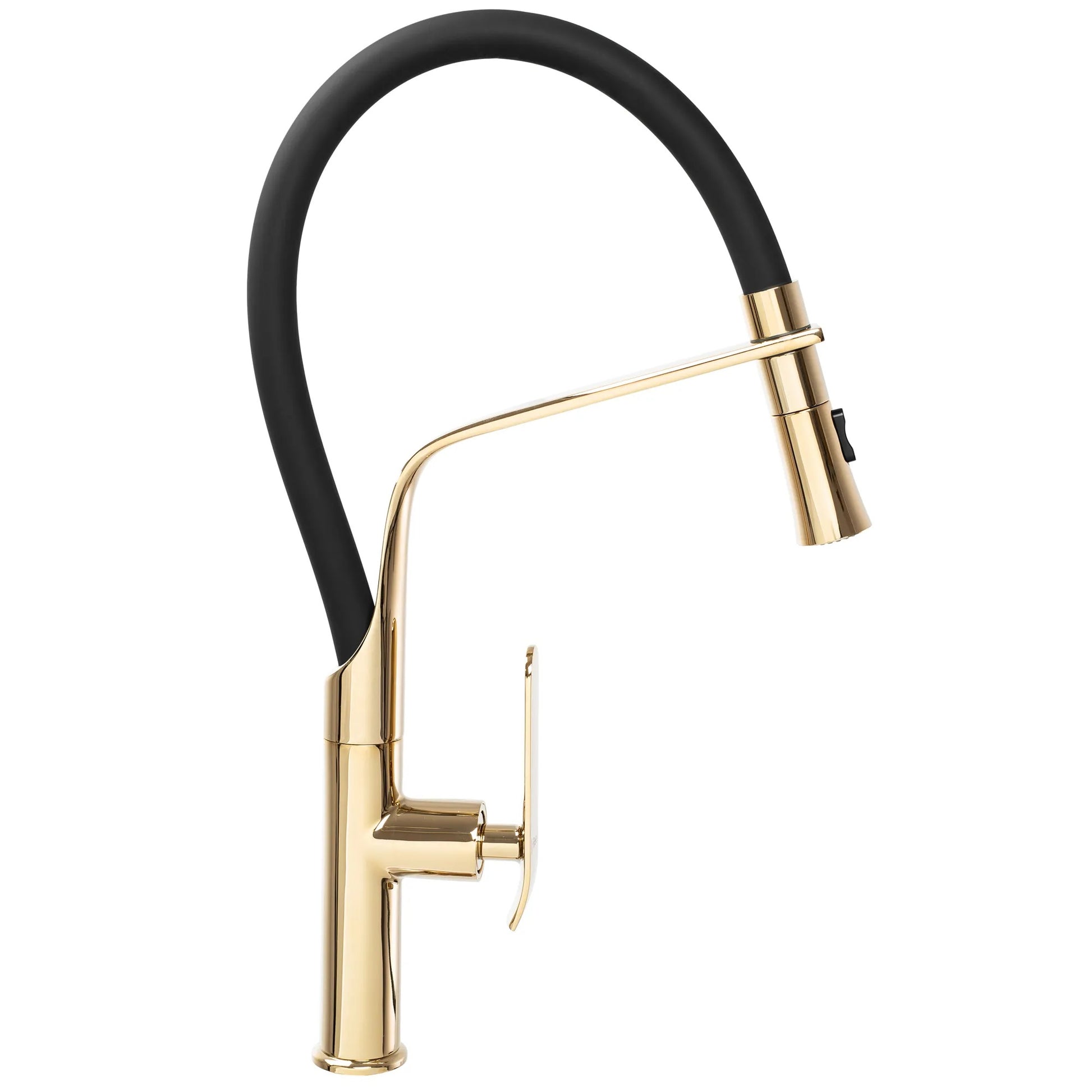 Кухненски смесител Castor Gold с лъскаво златно PVD покритие, черен гъвкав чучур и двуфункционален накрайник – KERANOVA