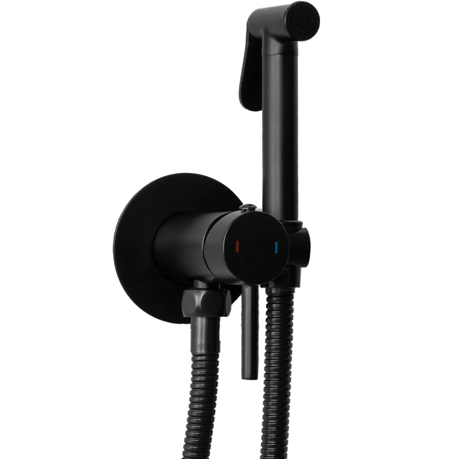 Смесител с хигиенен душ Lungo Loop Black - черен мат, стенен месингов комплект с шлаух 120 см за баня KERANOVA