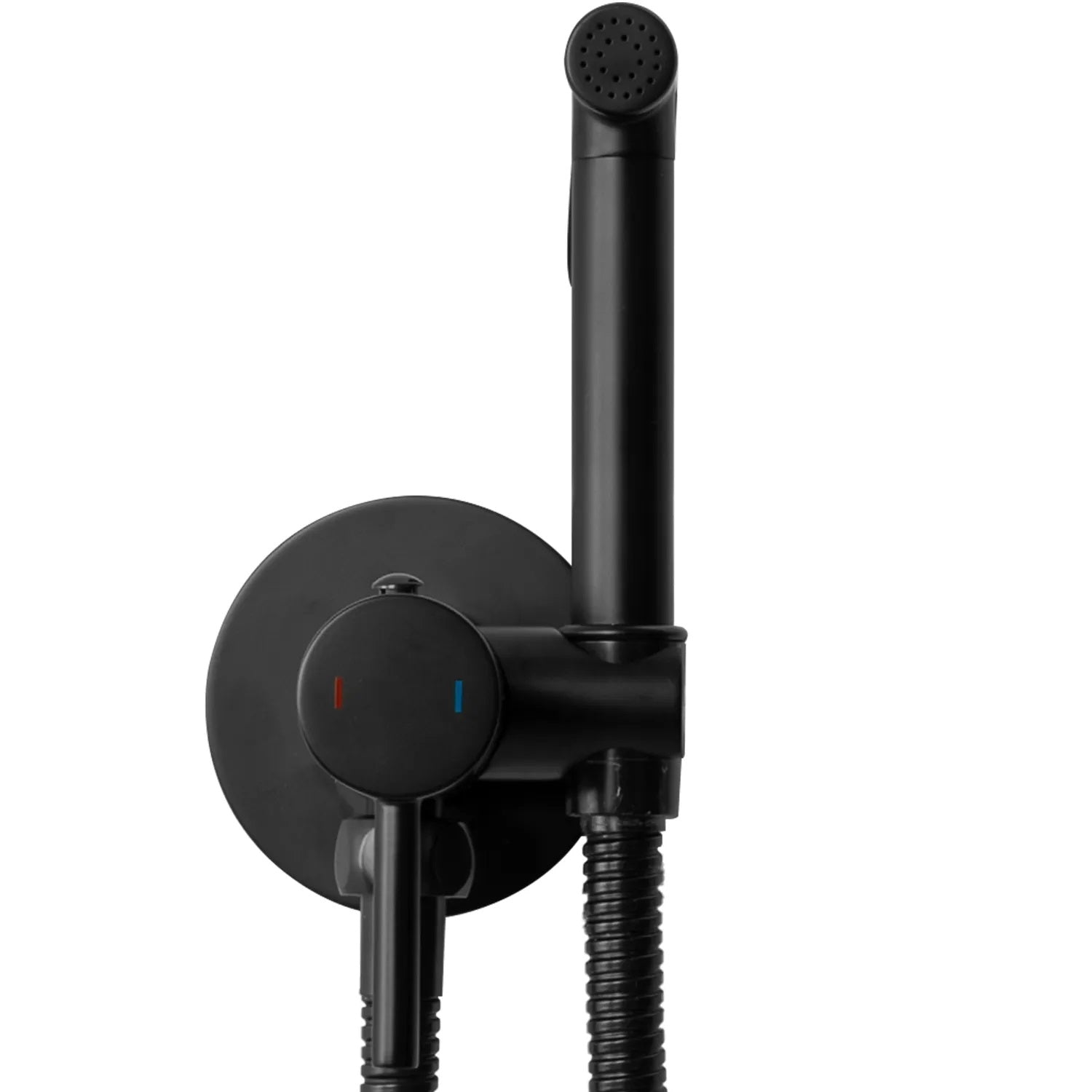 Смесител с хигиенен душ Lungo Loop Black - черен мат, стенен хигиенен комплект с шлаух 120 см за баня KERANOVA