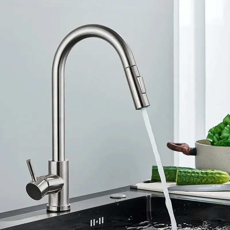 Кухненски смесител Fresh Nickel Brush Inox с изтеглящ накрайник, сатенирано PVD покритие – онлайн магазин за обзавеждане KERANOVA