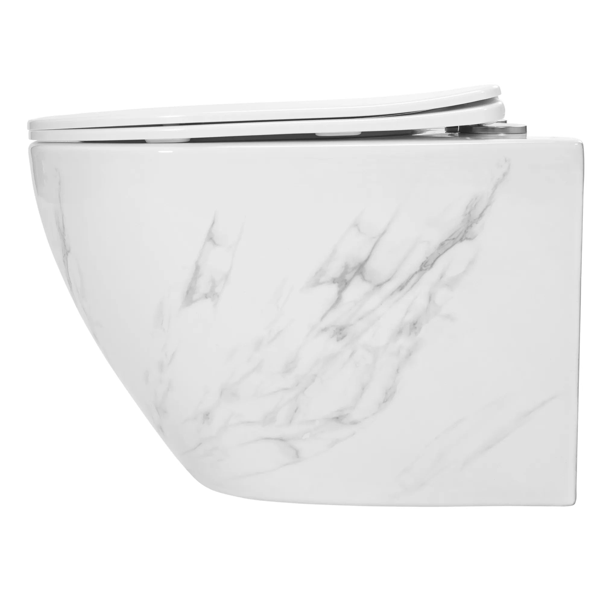 Carlos Nature Marble Rimless конзолна тоалетна без ръб с мраморен декор за баня KERANOVA, седалка със забавено падане