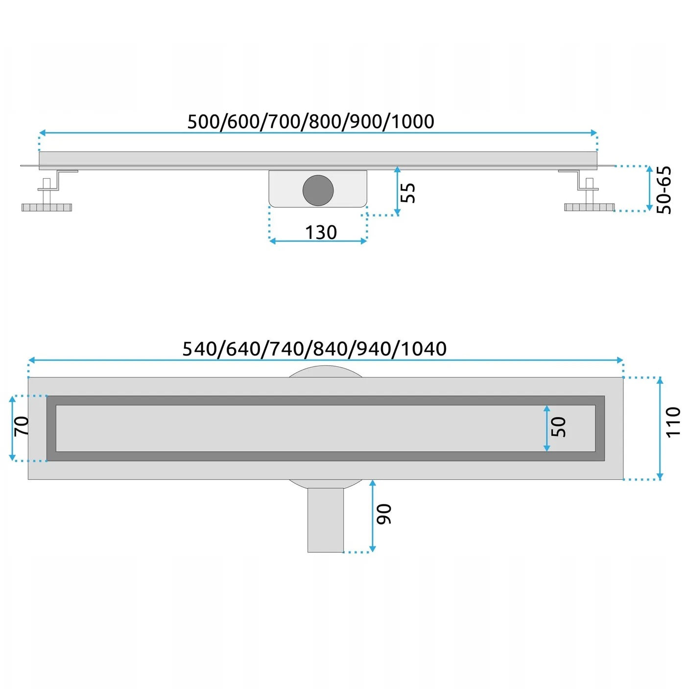 Neox Pro за плочка или плътна решетка 50,60,70,80,90 и 100 см. - линеен сифон Rea Neox Pro Nickel Brush с размери и монтажни височини за KERANOVA