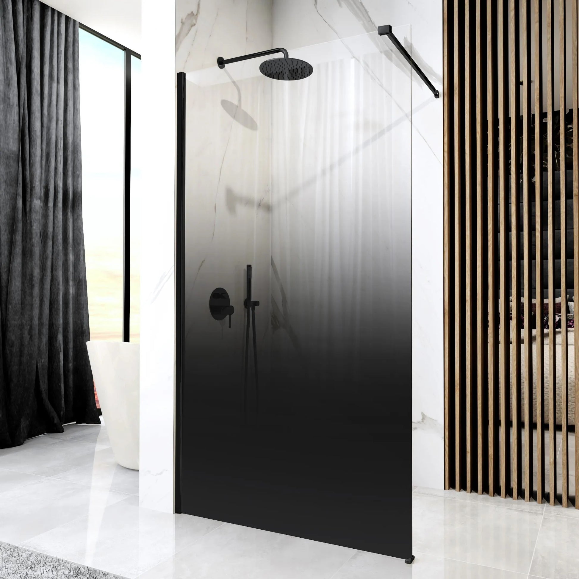 Душ параван REA Aero Ombre Black/Black 90х195 см. статичен панел с черен мат профил, градиентно 8 мм закалено стъкло за баня KERANOVA