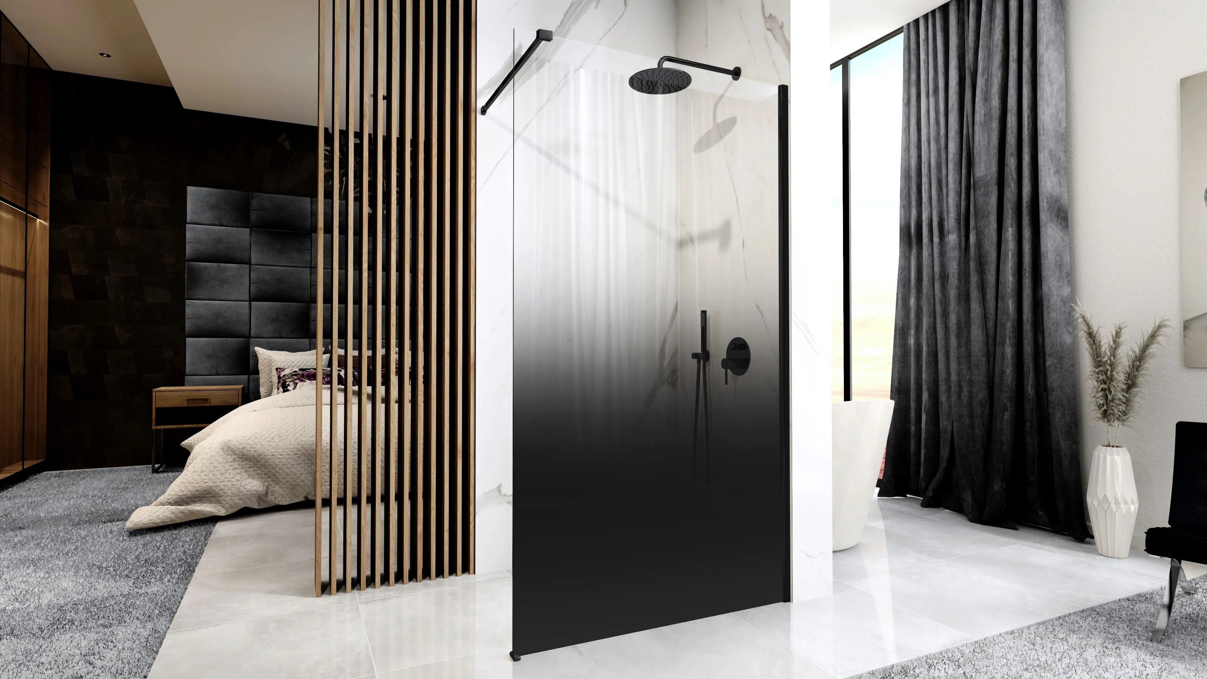 Душ параван REA Aero Ombre Black/Black 100х195 см. - черен мат алуминиев профил, релефно 8 мм закалено стъкло, онлайн магазин KERANOVA