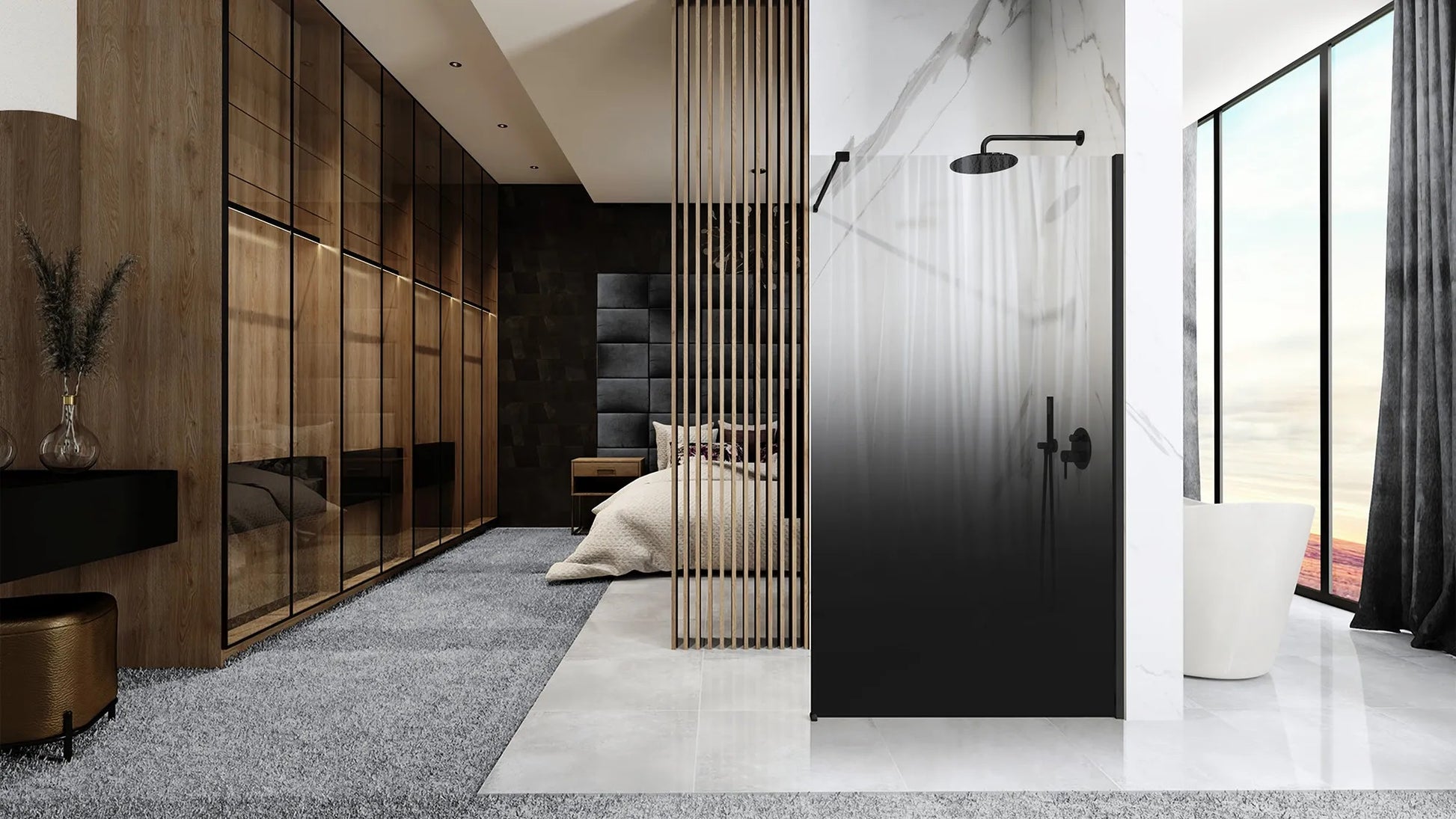 Душ параван REA Aero Ombre Black/Black 90х195 см. в модерен интериор, матов черен профил, 8 мм релефно стъкло - KERANOVA онлайн магазин