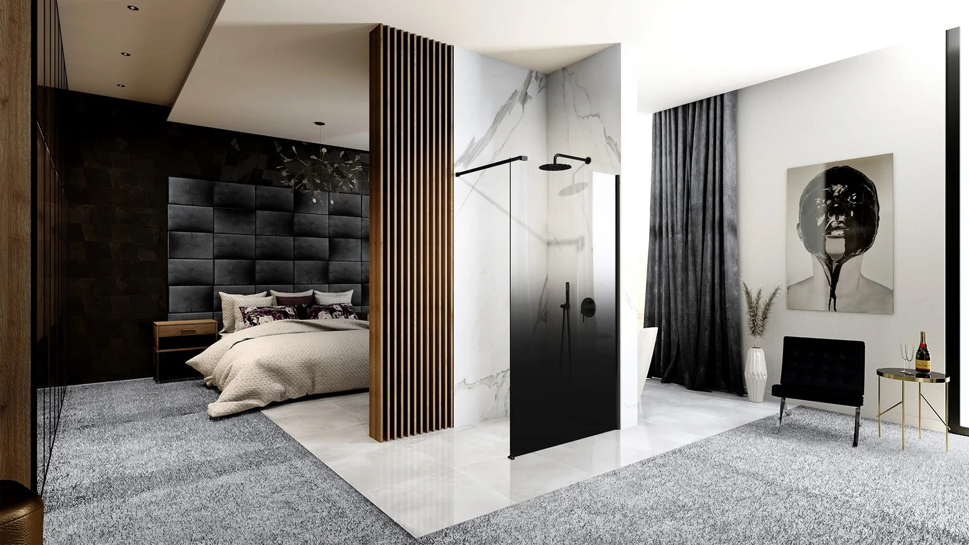 Душ параван REA Aero Ombre Black/Black 100х195 см. - статичен матов черен параван с релефно 8 мм стъкло за онлайн магазин KERANOVA