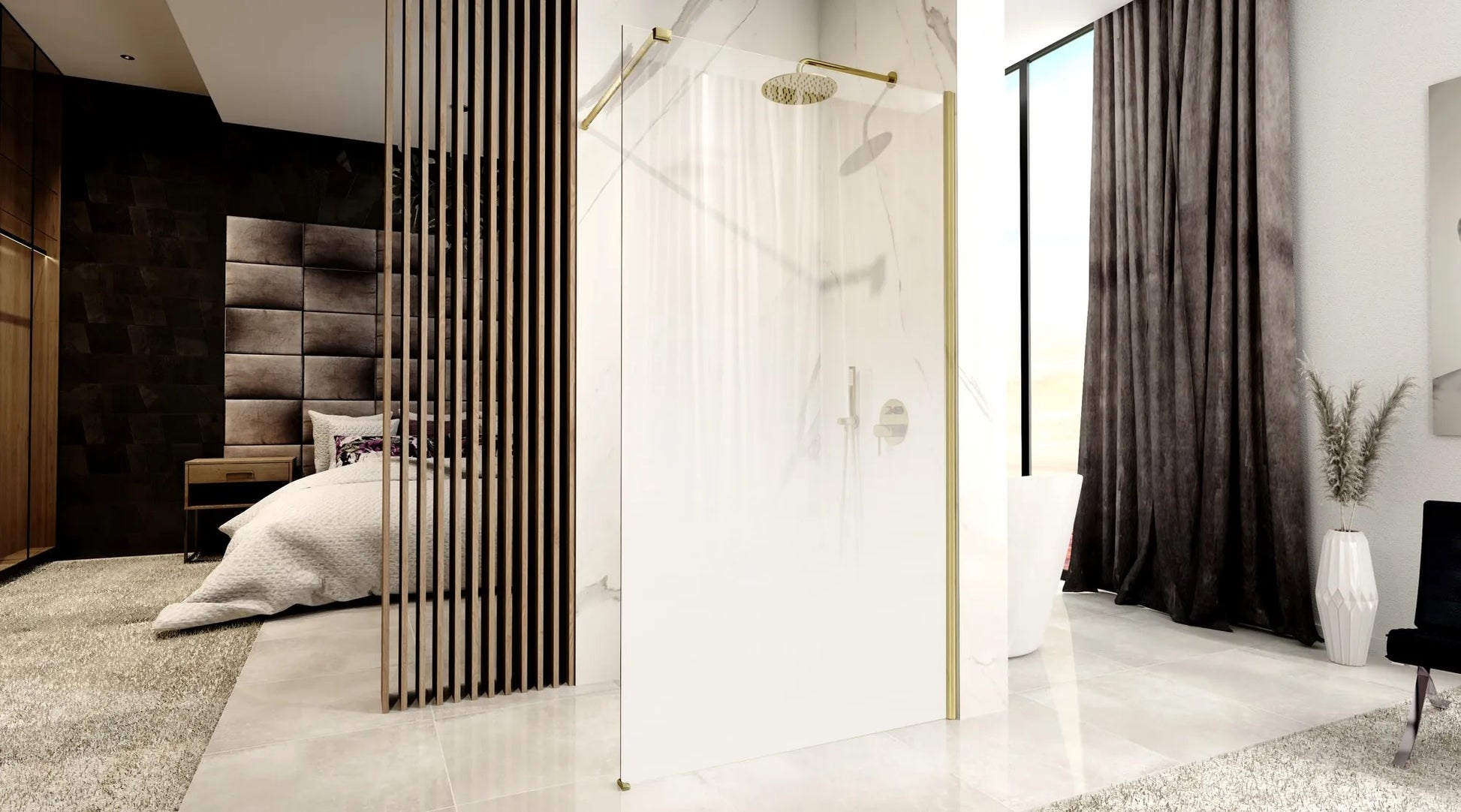 Душ параван REA Aero Ombre Gold Brush/White 100х195 см. - статичен параван с драскано злато, 8 мм релефно стъкло за баня KERANOVA