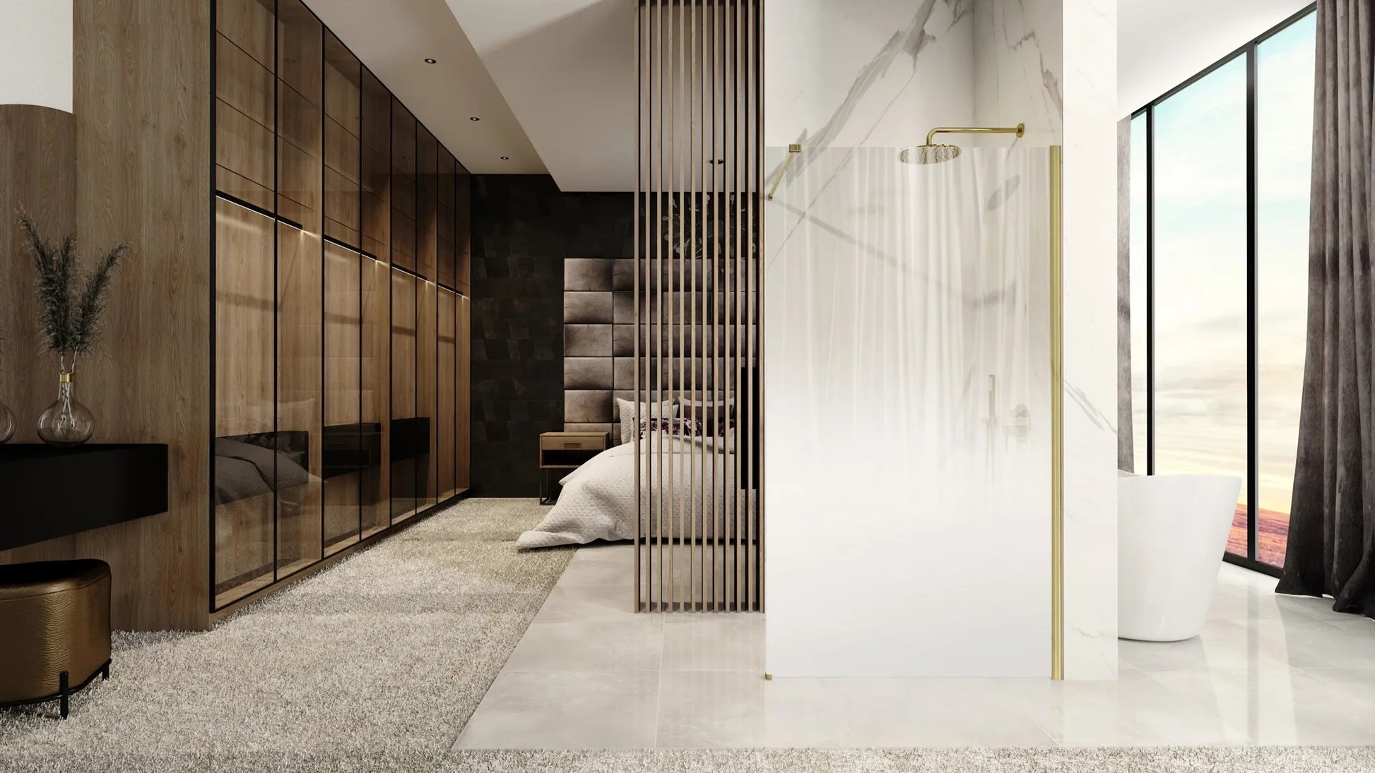 Душ параван REA Aero Ombre Gold Brush/White 90х195 см. - статичен параван с обков brushed gold, матово релефно 8 мм стъкло, KERANOVA онлайн магазин