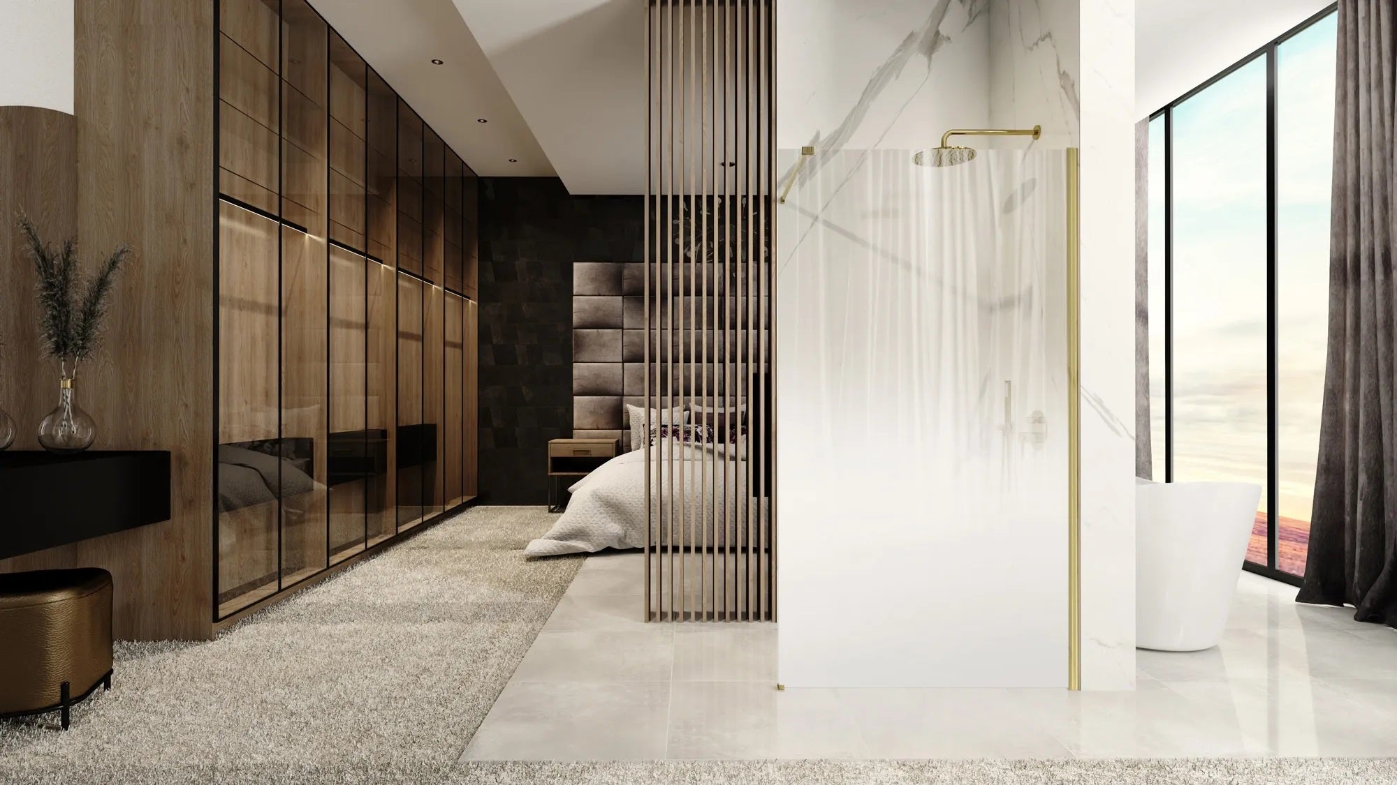 Душ параван REA Aero Ombre Gold Brush/White 90х195 см. - статичен параван с обков brushed gold, матово релефно 8 мм стъкло, KERANOVA онлайн магазин