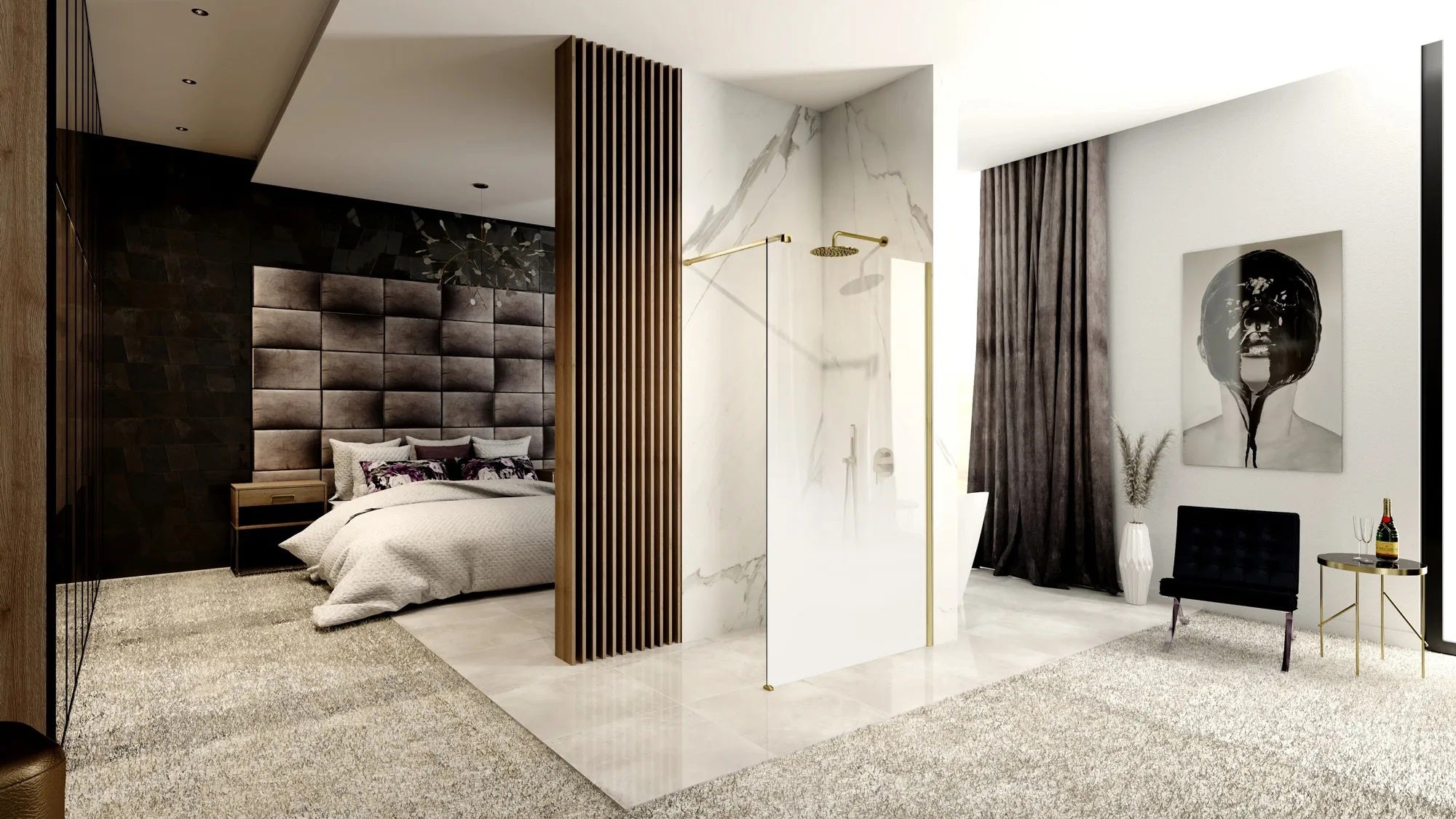 Душ параван REA Aero Ombre Gold Brush/White 90х195 см. в модерна баня с обков в злато - онлайн магазин KERANOVA