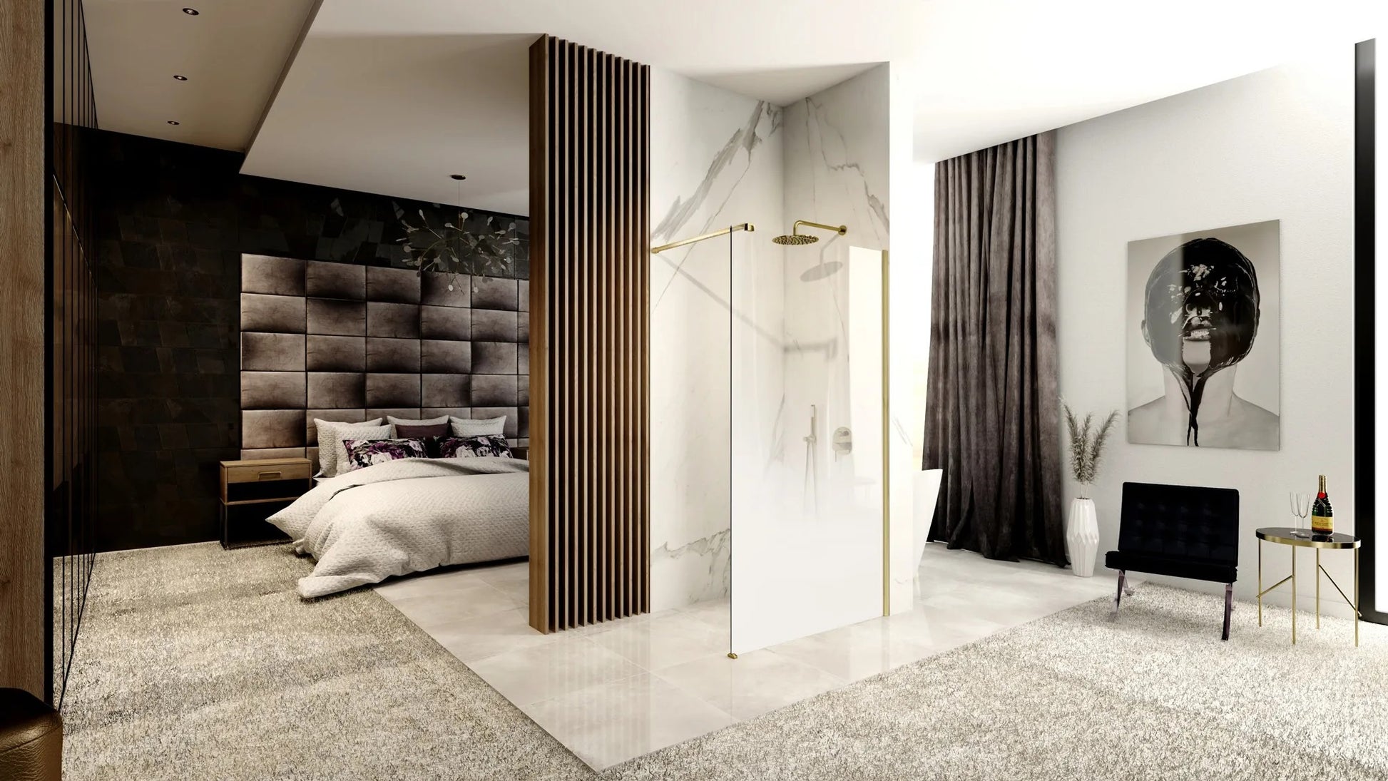 Душ параван REA Aero Ombre Gold Brush/White 100х195 см. в съвременна баня с матово 8 мм стъкло и обков в brushed gold - KERANOVA онлайн магазин