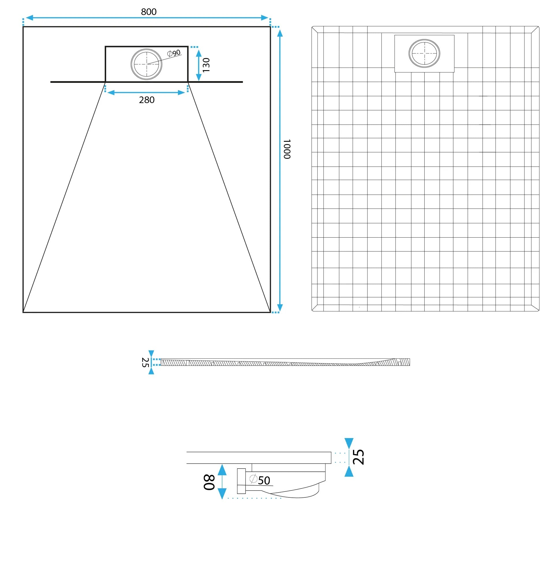 Душ корито Bazalt Black - 100х80, 90х90, 120х80 и 120х90 см. технически чертеж с размери, дебелина 2.5 см, анти-слип покритие, включен сифон - KERANOVA