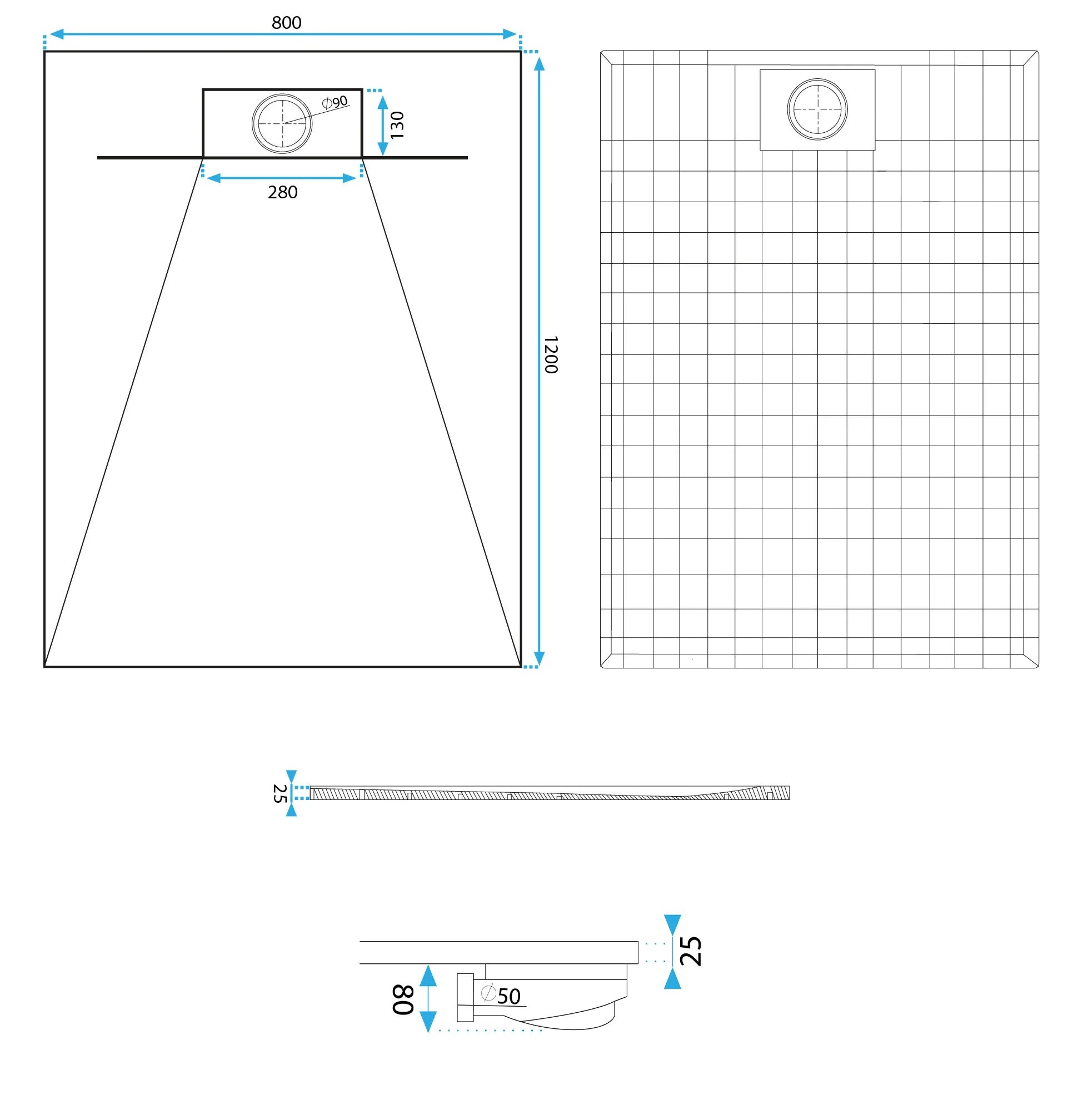 Душ корито Bazalt Black - 100х80, 90х90, 120х80 и 120х90 см. технически чертеж с размери и положение сифон, онлайн магазин KERANOVA