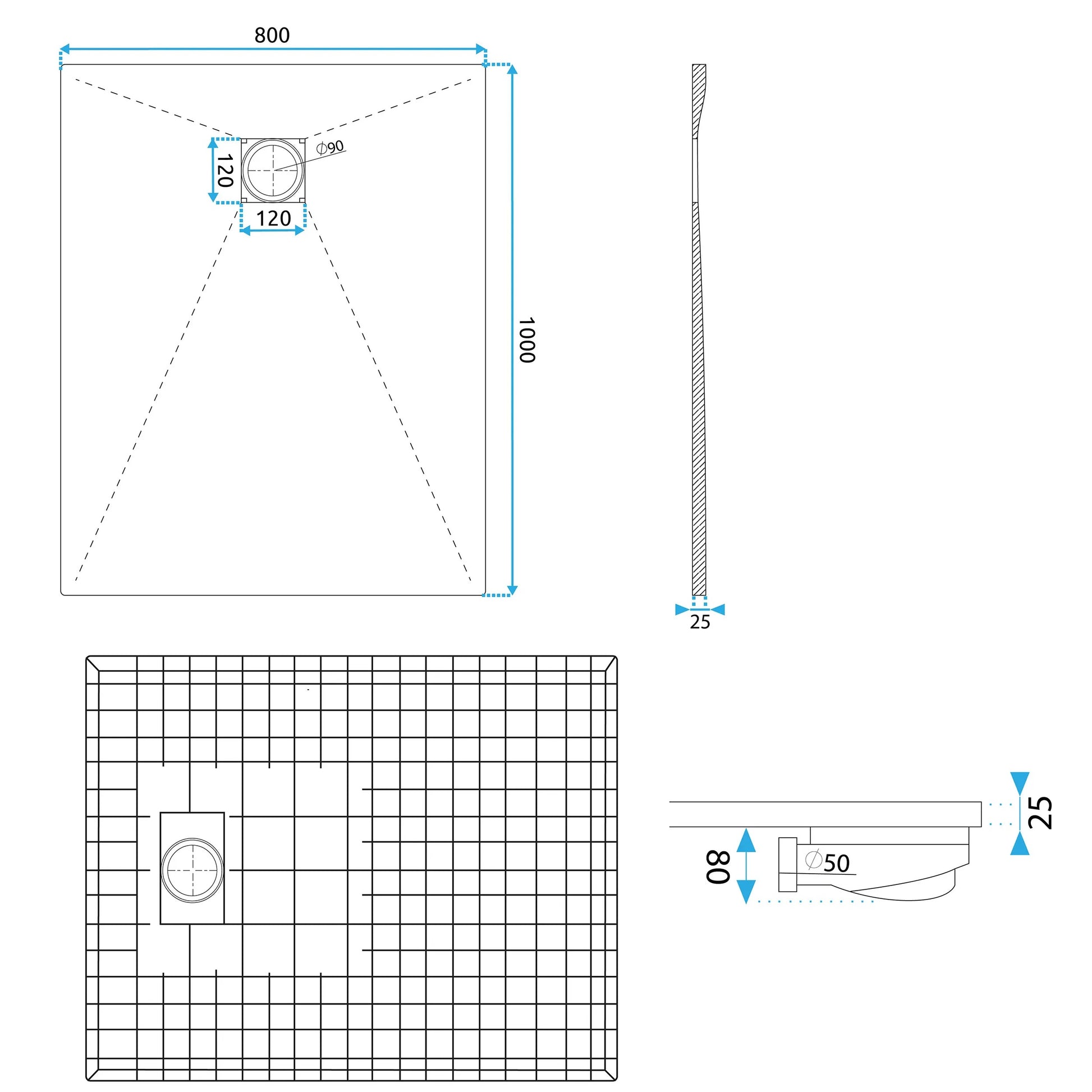 Alt Tag: Душ корито Magnum Carrara White - 100х80, 90х90 и 120х90 см. технически чертеж с размери, отвърстие за сифон и височина 2.5 см, онлайн магазин KERANOVA