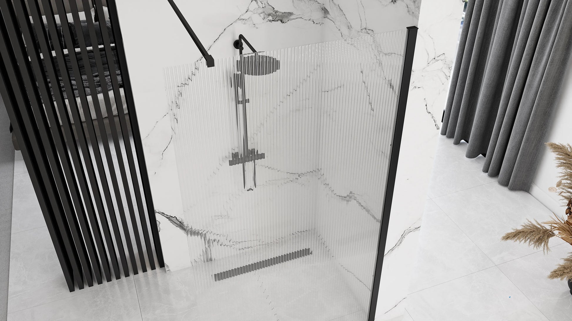 Душ параван REA Aero Intimo Black Mat 100х200 см. – статичен параван с черен мат профил и релефно 8 мм закалено стъкло, KERANOVA онлайн магазин