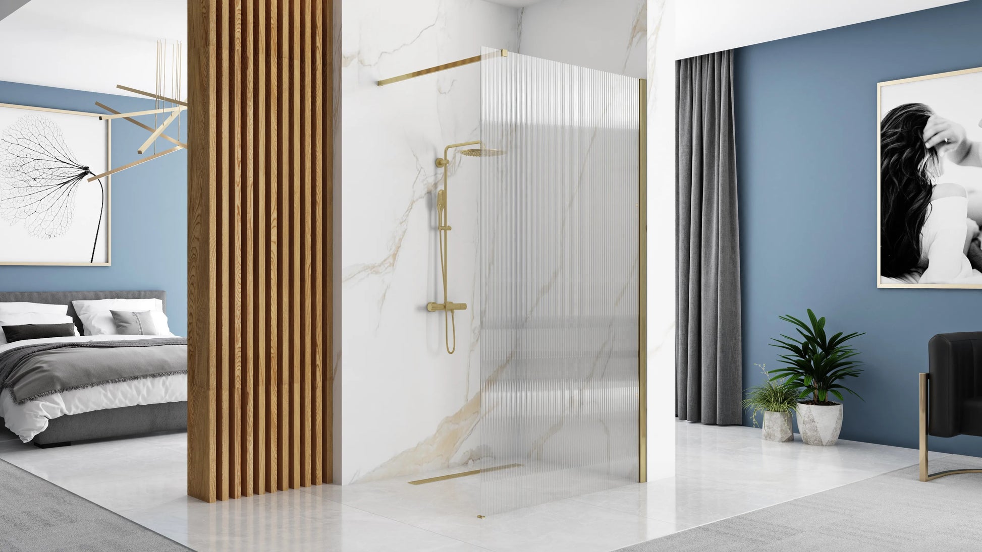 Душ параван REA Aero Intimo Gold Brush 90х200 см. златен алуминиев профил, 8 мм релефно стъкло, анти-калк покритие - KERANOVA