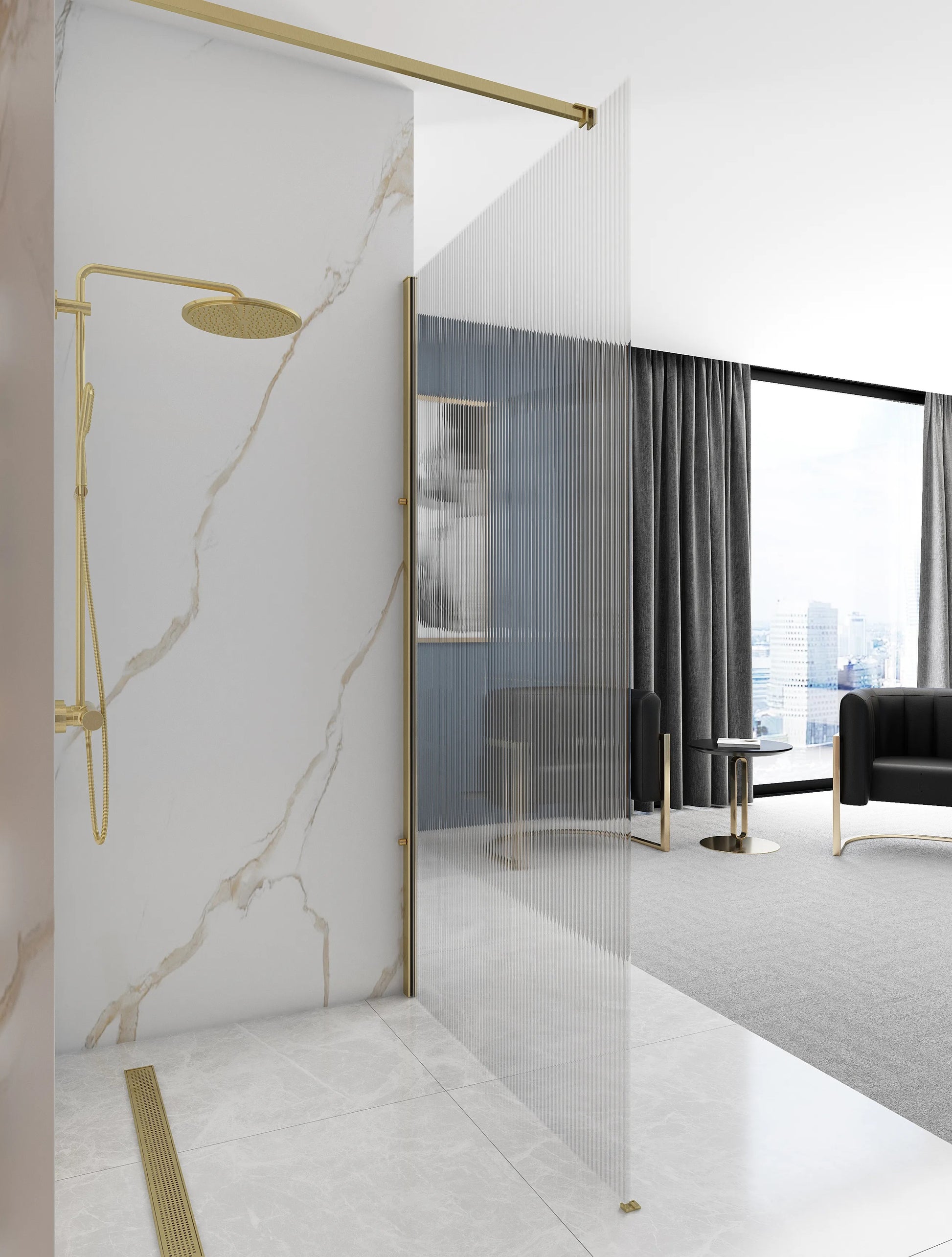 Душ параван REA Aero Intimo Gold Brush 90х200 см. статичен параван с алуминиев профил злато и релефно 8 мм стъкло – KERANOVA онлайн магазин