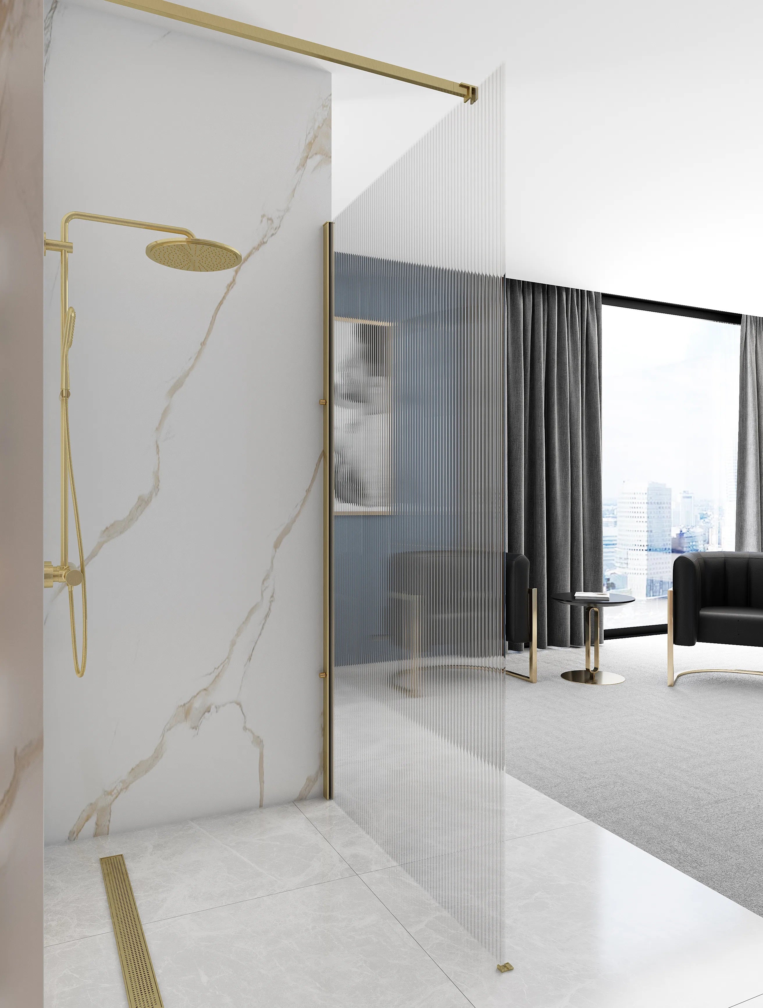 Душ параван REA Aero Intimo Gold Brush 90х200 см. статичен параван с алуминиев профил злато и релефно 8 мм стъкло – KERANOVA онлайн магазин