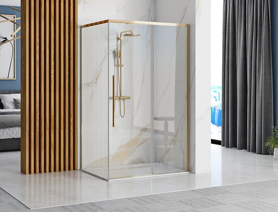 Душ кабина Rea Solar Gold 90x90 с прозрачни закалени стъкла и златен алуминиев профил, KERANOVA онлайн магазин за бани