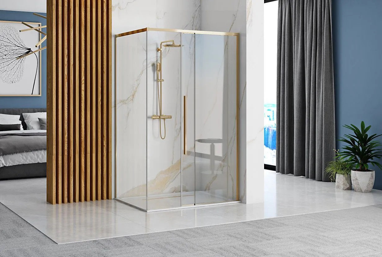 Душ кабина Rea Solar Gold 90x90 златен алуминиев профил, прозрачно закалено стъкло, магнитни уплътнения, височина 195 см - KERANOVA онлайн магазин