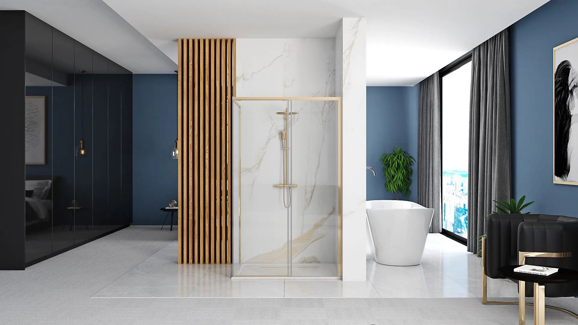 Душ кабина Rea Solar Gold 90x120 - златист алуминиев профил, прозрачно закалено стъкло, височина 195 см, онлайн магазин KERANOVA