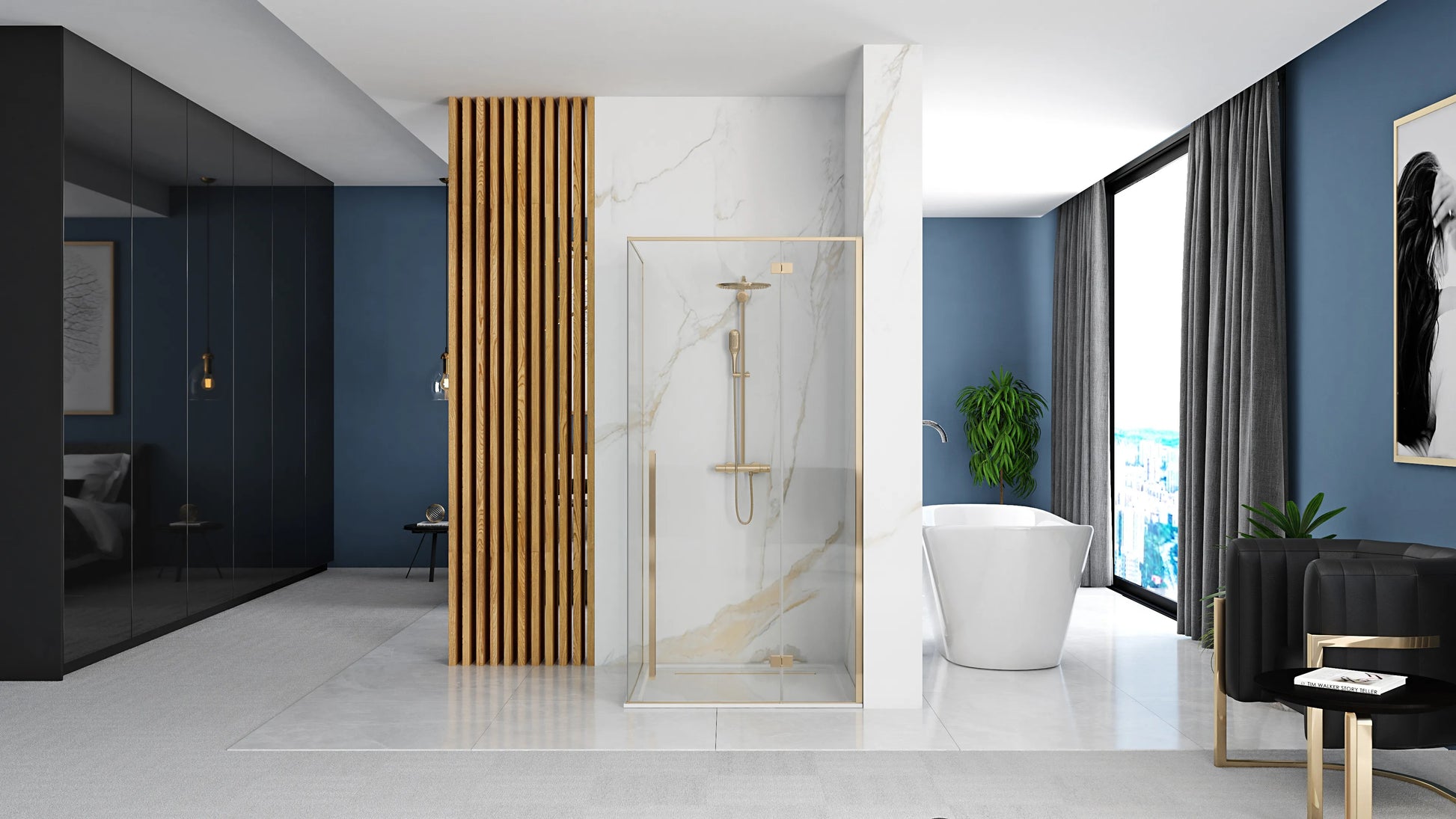 Душ кабина Rea Fargo Gold 90x90 в луксозен баня интериор, златен обков, антикалк стъкла — KERANOVA онлайн магазин