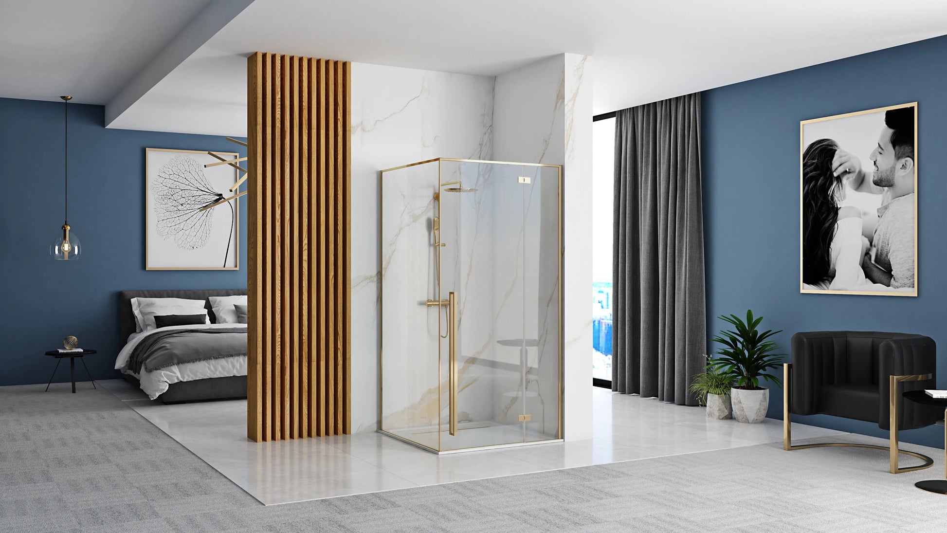 Душ кабина Rea Fargo Gold 90x120 златни профили, антикалк стъкла и магнитни уплътнения в модерен баня интериор - KERANOVA