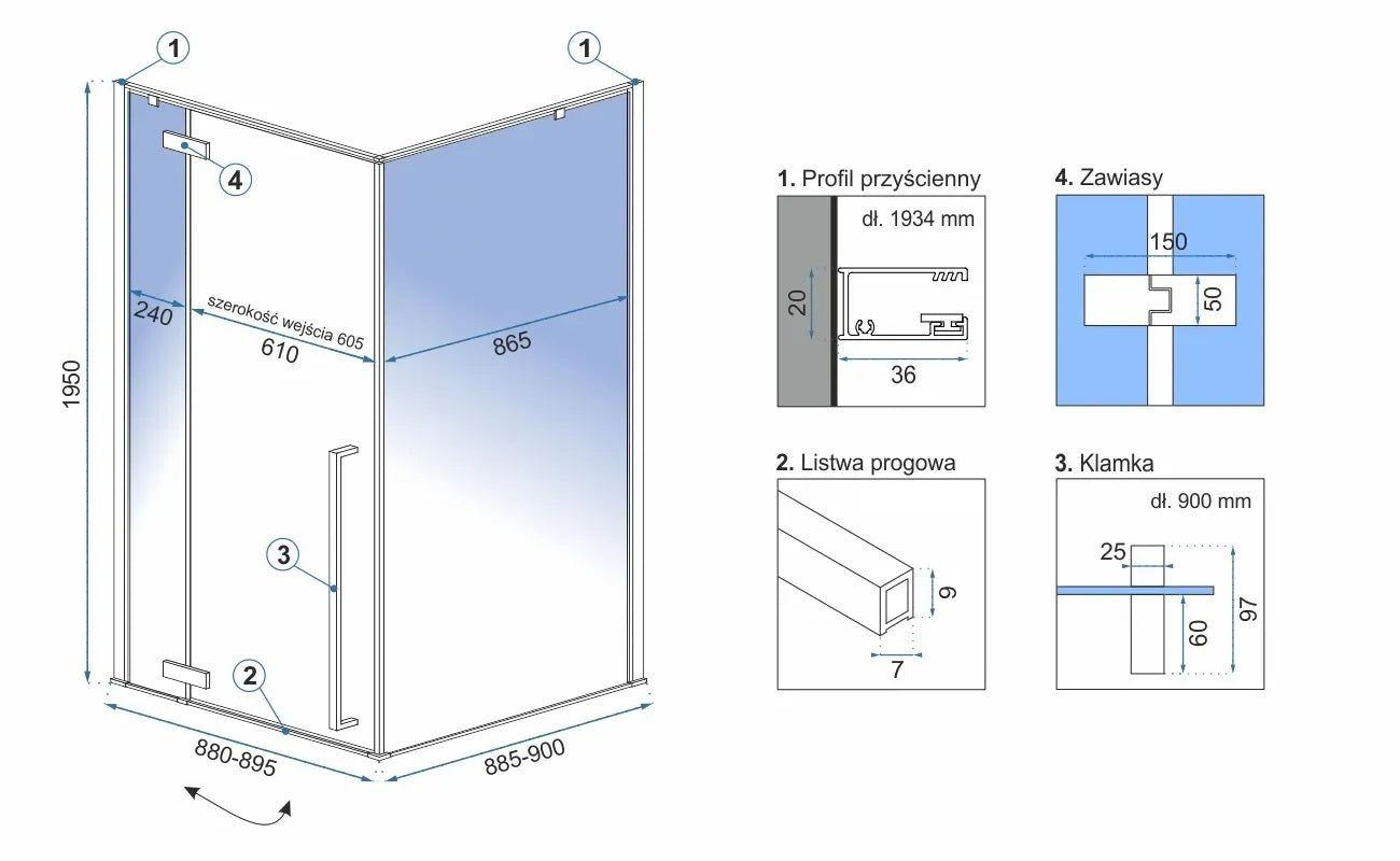 Душ кабина Rea Fargo Gold 90x90 – схема, размери и обков за онлайн магазин за обзавеждане за бани KERANOVA