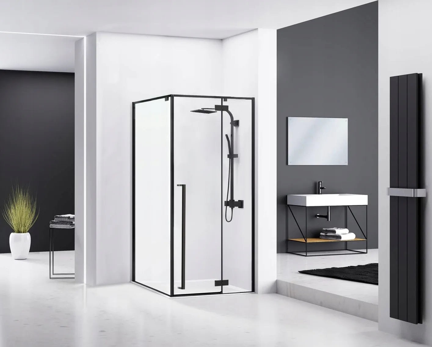 Душ кабина Rea Fargo Black Matte 90x120 в модерен баня интериор, черни мат рамки, магнитни уплътнения, онлайн магазин KERANOVA