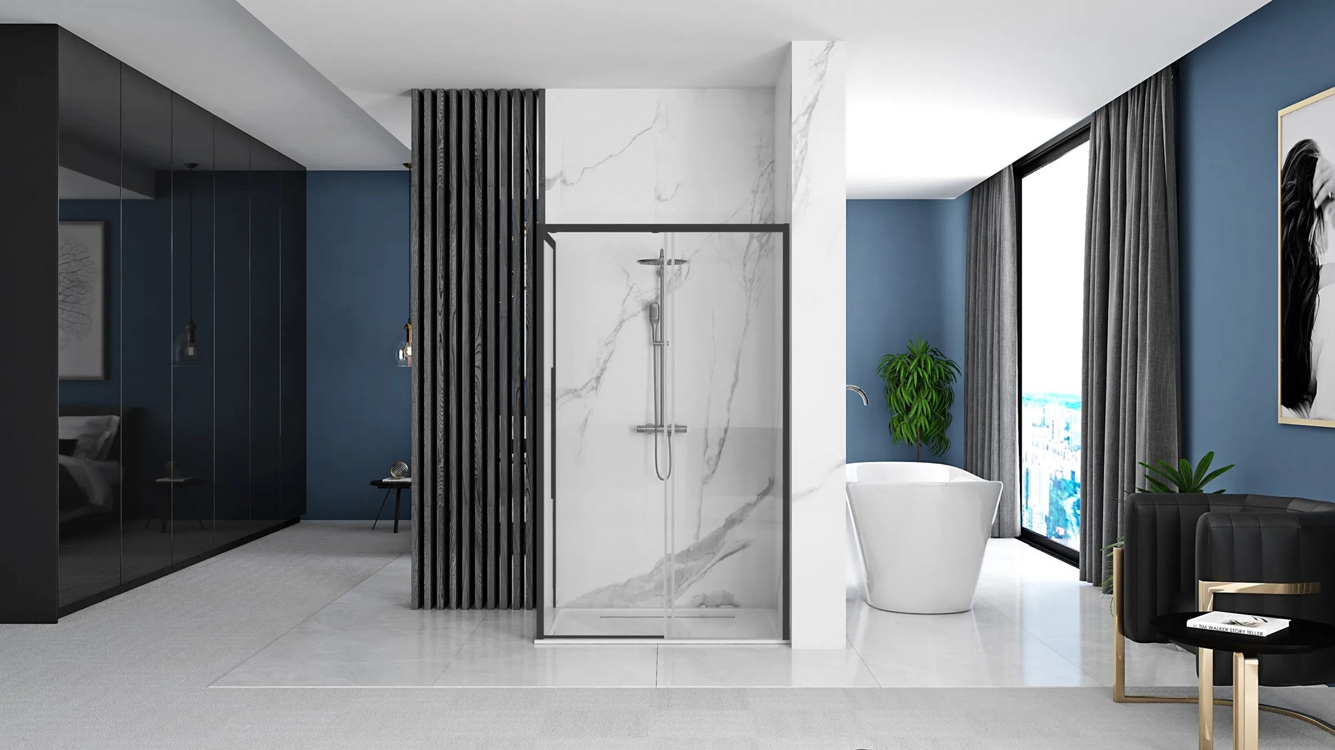 Душ кабина Rea Solar Black Mat 90x90 в модерна баня с черен мат алуминиев профил, плъзгащи прозорци и височина 195 см - KERANOVA онлайн магазин