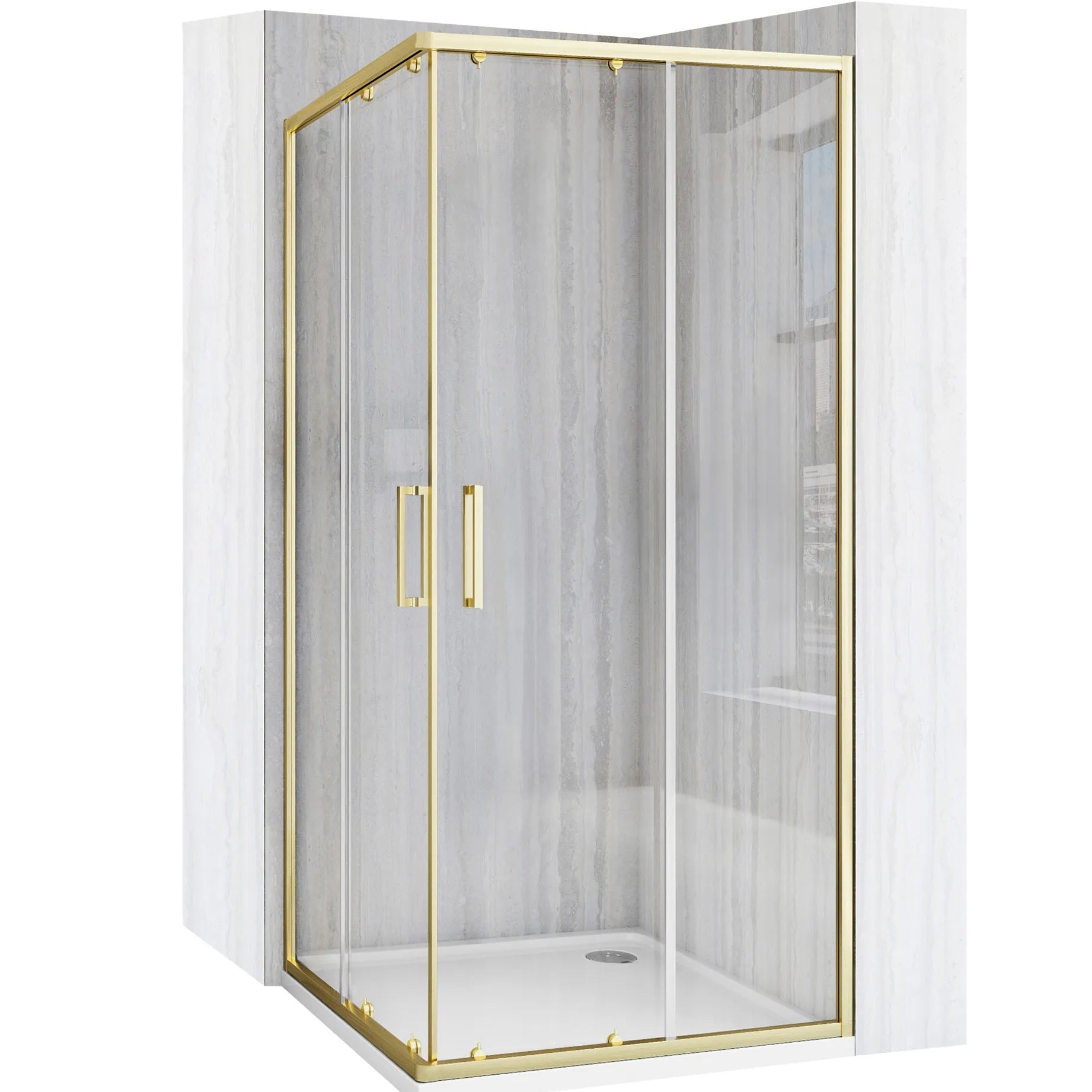 Alt Tag: Душ кабина Rea City Brushed Gold 90x90 - драскано злато от KERANOVA, квадратна 90x90 с матиран златен алуминиев профил и магнитни уплътнения