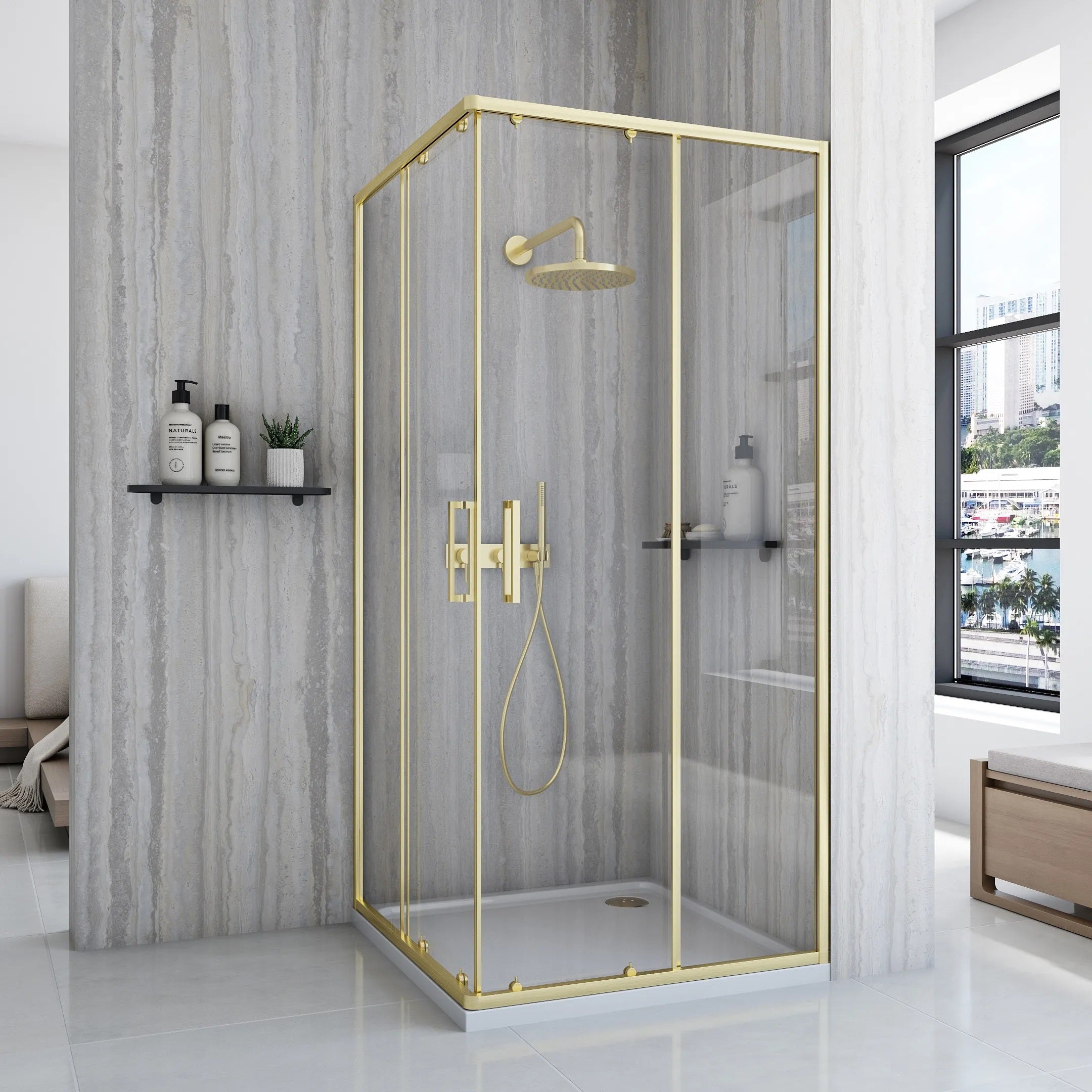 Душ кабина Rea City Brushed Gold 90x90 - драскано злато, златен матов алуминиев профил, 90x90 см, височина 190 см