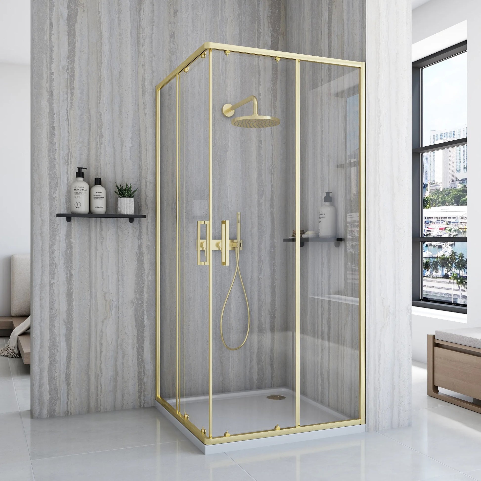 Душ кабина Rea City Brushed Gold 80x80 - драскано злато в златен матов алуминиев профил, стъкло 6/4 мм, височина 190 см — KERANOVA онлайн магазин