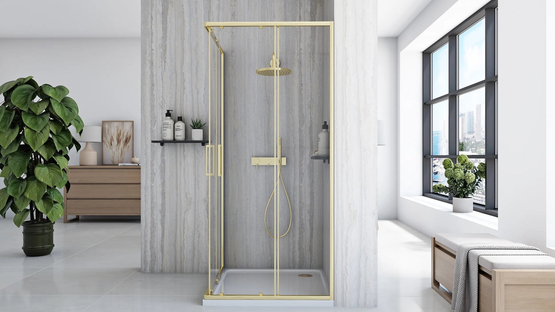 Душ кабина Rea City Brushed Gold 90x90 - драскано злато в модерен бял баня интериор, матово златни алуминиеви профили и магнитни уплътнения