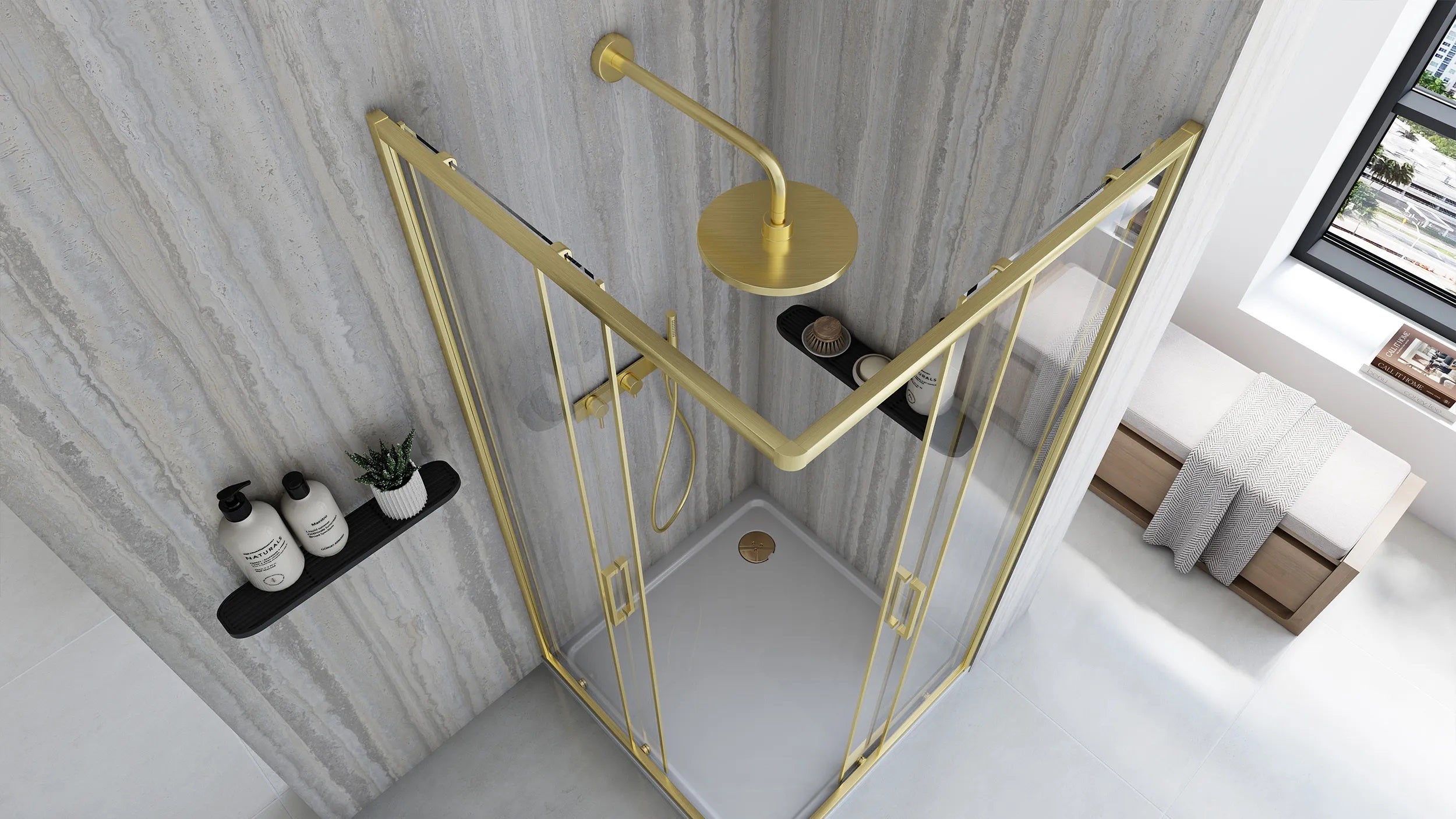 Душ кабина Rea City Brushed Gold 90x90 - драскано злато, квадратна с матиран златен алуминиев профил и магнитни уплътнения, онлайн магазин KERANOVA