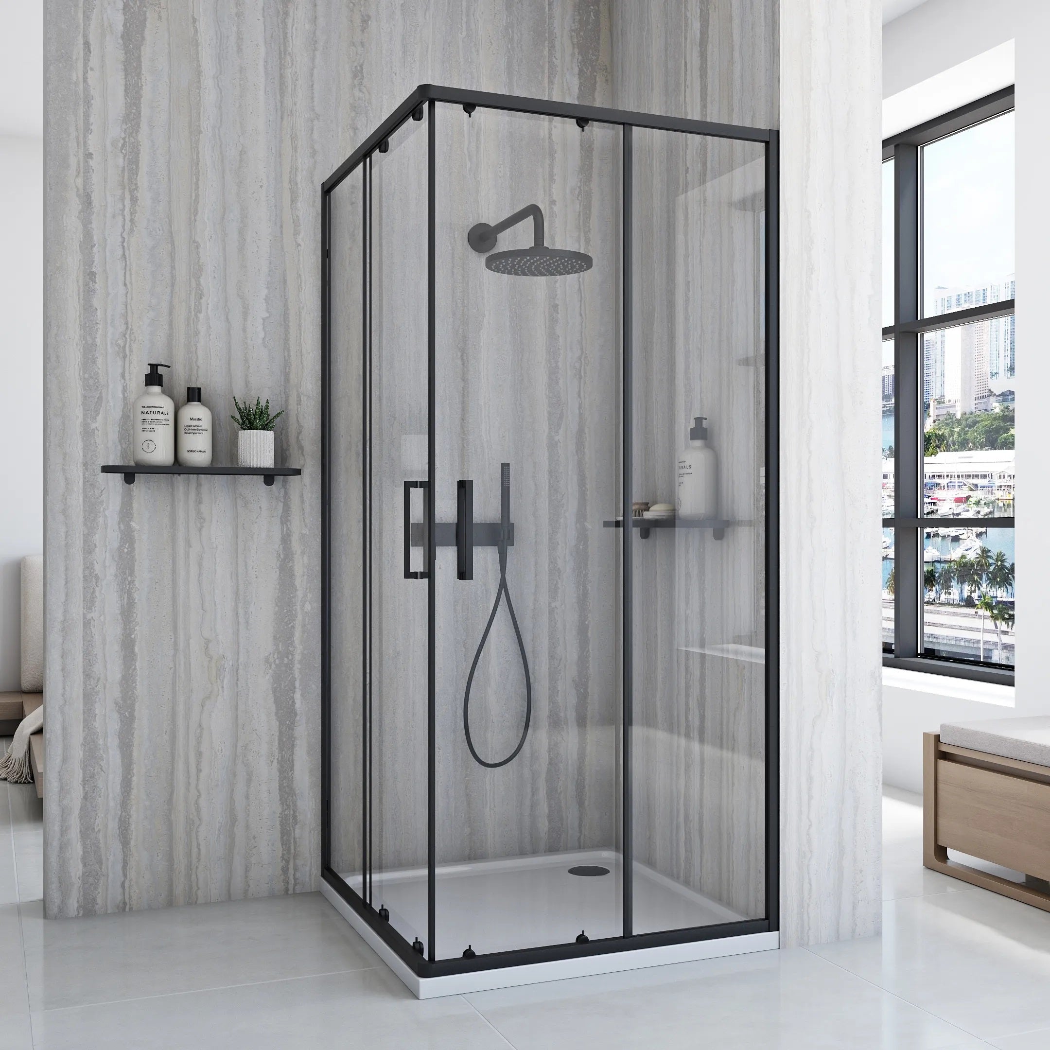 Душ кабина Rea City Black 90x90 с черен алуминиев профил, магнетични уплътнения и 8 мм закалено стъкло, магазин KERANOVA