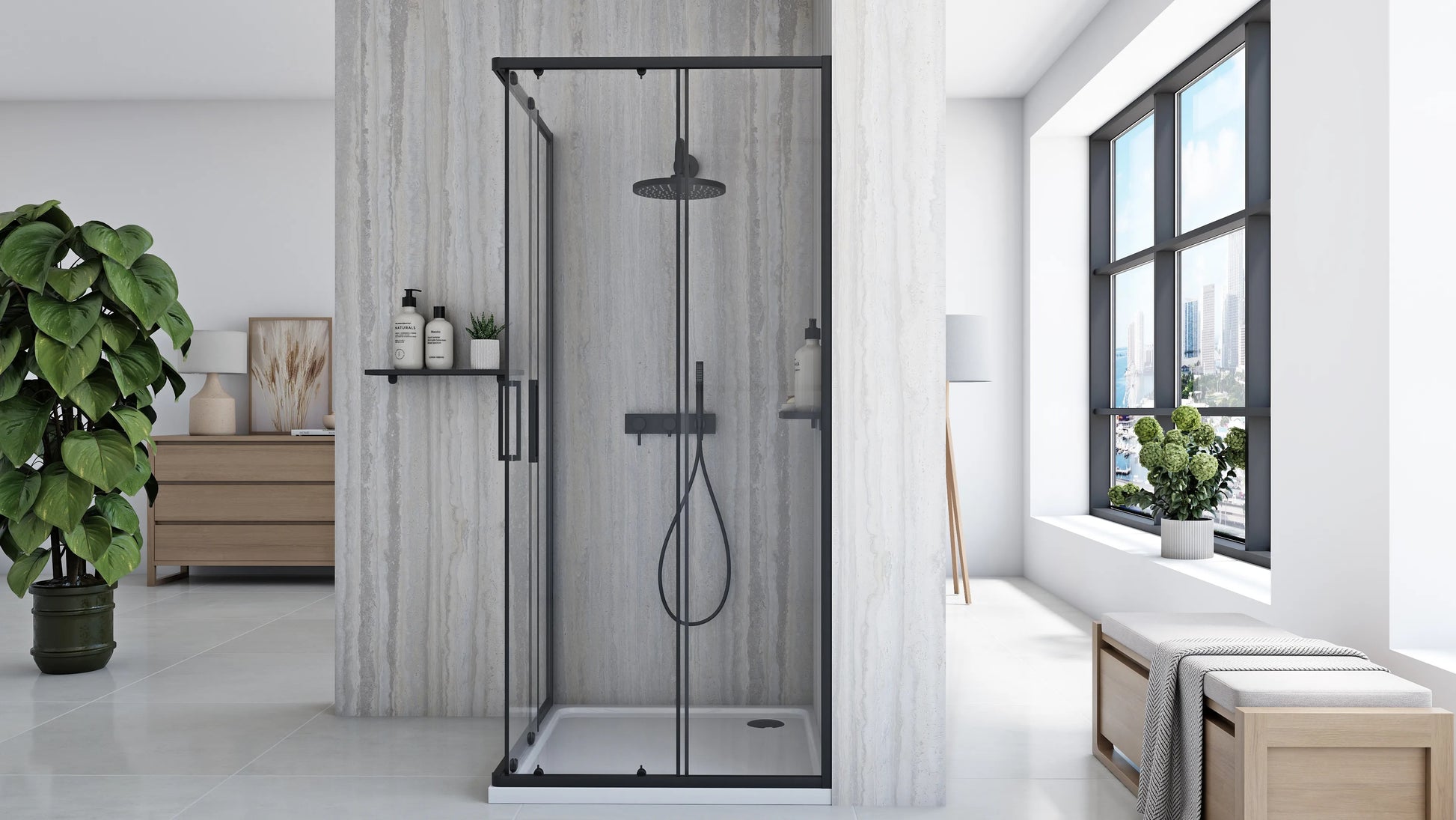 Душ кабина Rea City Black 90x90 вчерен алуминиев профил, 190 см височина, магнитни уплътнения - онлайн магазин KERANOVA
