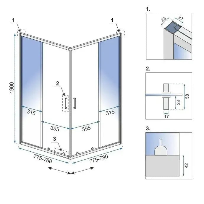 Душ кабина Rea City Black 80x80 – квадратна 80x80 см с черен алуминиев профил, магнитни уплътнения, височина 190 см, онлайн магазин KERANOVA
