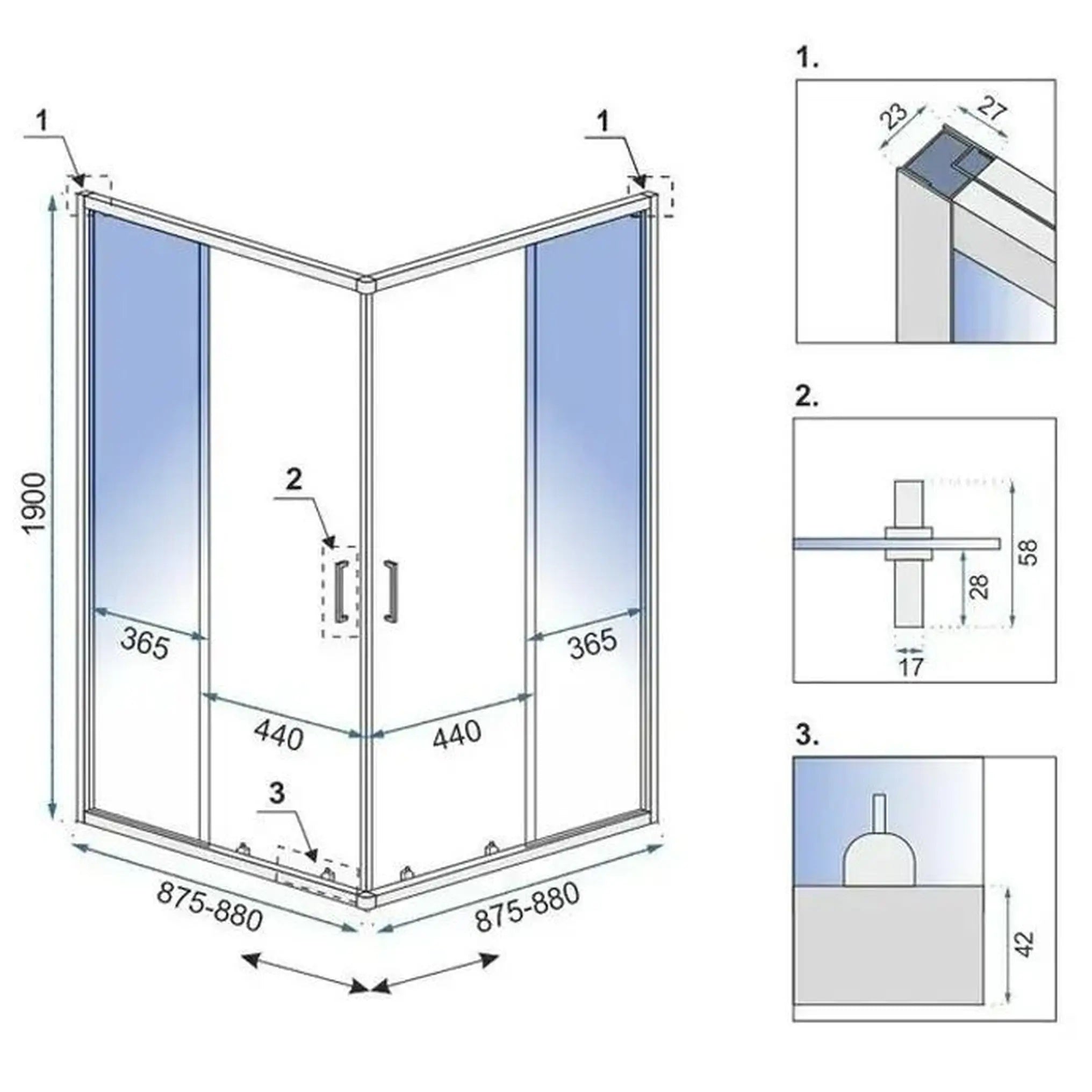 Душ кабина Rea City Brush Nickel 90x90 схема с размери 190 см, 87.5-88 см монтаж; душ кабини, душ паравани, плочки