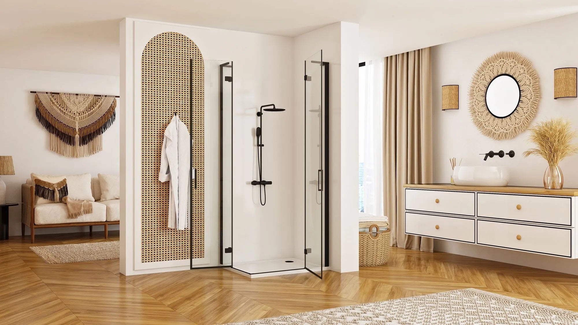 Душ кабина Rea Hugo Double Black 90x90 в модерен интериор, черен мат обков, 90x90, 200 см височина – KERANOVA онлайн магазин