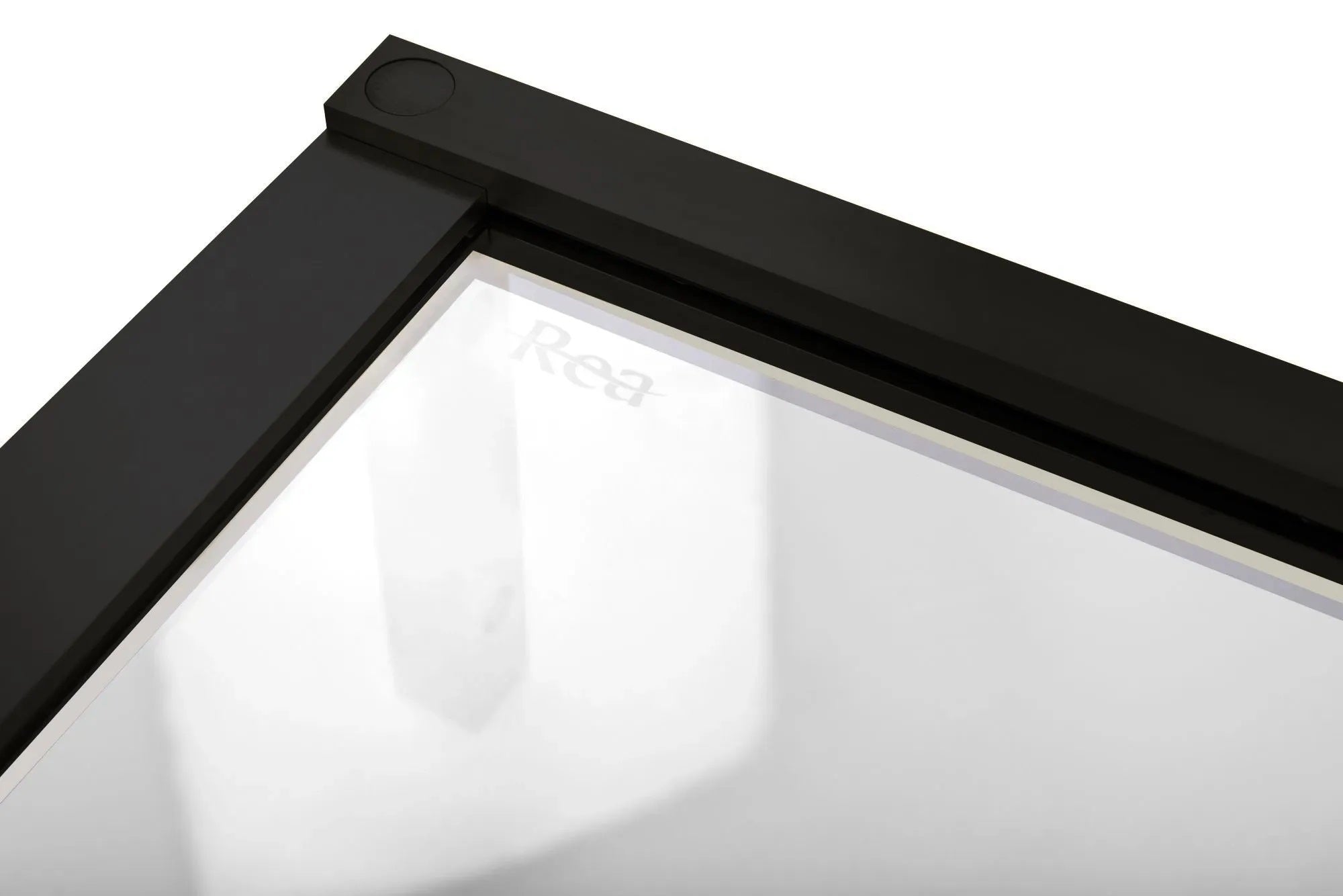 Душ кабина Rea Hugo Double Black 80x80 - детайл мат черна рамка и закалено стъкло, KERANOVA онлайн магазин за обзавеждане за бани